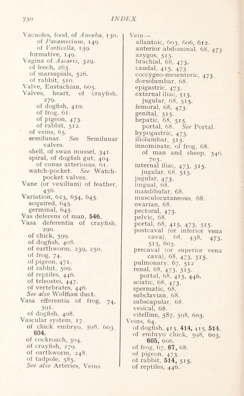 Vacuoles, food, of Amoeba, 130. of Paramecium, 149. of Vorticella, 159. formative, 149. Vagina of Ascaris, 329, of leech, 263. of marsupials, 526. of rabbit, 510. Valve, Eustachian, 605. Valves, heart, of crayfish, 279. of dogfish, 410. of frog, 61. of pigeon, 473. of rabbit, 512. of veins, 65. semilunar. See Semilunar valves. shell, of swan mussel, 341. spiral, of dogfish gut, 404. of conus arteriosus, 61. watch-pocket. See Watch- pocket valves. Vane (or vexillum) of feather, 456. Variation, 623, 634, 645. acquired, 645. germinal, 645. Vas deferens of man, 546. Vasa deferentia of crayfish, 290. of chick, 599. of dogfish, 408. of earthworm, 239, 250. of frog, 74. of pigeon, 471. of rabbit, 509. of reptiles, 446. of teleostei, 447. of vertebrates, 446. See also Wolffian duct. Vasa efferentia of frog, 74, 591. of dogfish, 408. Vascular system, 17. of chick embryo, 598, 603 604. of cockroach, 304. of crayfish, 279. of earthworm, 248. of tadpole, 585. See also Arteries, Veins. V ein— allantoic, 603, 606, 612. anterior abdominal, 68, 473. azygos, 515. brachial, 68, 473. caudal, 415, 473. coccygeo-mesenteric, 473. dorsolumbar, 68. epigastric, 473. external iliac, 515. jugular, 68, 515. femoral, 68, 473. genital, 515. hepatic, 68, 515. portal, 68. See Portal, hypogastric, 473. iliolumbar, 515. innominate, of frog, 68. of man and sheep, 546, 703- internal iliac, 473, 515. jugular, 68, 515. jugular, 473. lingual, 68. mandibular, 68. musculocutaneous, 68. ovarian, 68. pectoral, 473. pelvic, 68. portal, 68, 415, 473, 515. postcaval (or inferior vena cava), 68, 438, 473, 515. 603. precaval (or superior vena cava), 68, 473, 515. pulmonary, 67, 512 renal, 68, 473, 515. portal, 68, 415, 446. sciatic, 68, 473. spermatic, 68. subclavian, 68. subscapular, 68. vesical, 68. vitelline, 587, 598, 603. Veins, 64. of dogfish, 413, 414, 415, 514. of embryo chick, 598, 603, 605, 606. of frog, 67, 67, 68. of pigeon, 473. of rabbit, 514, 515. of reptiles, 446.