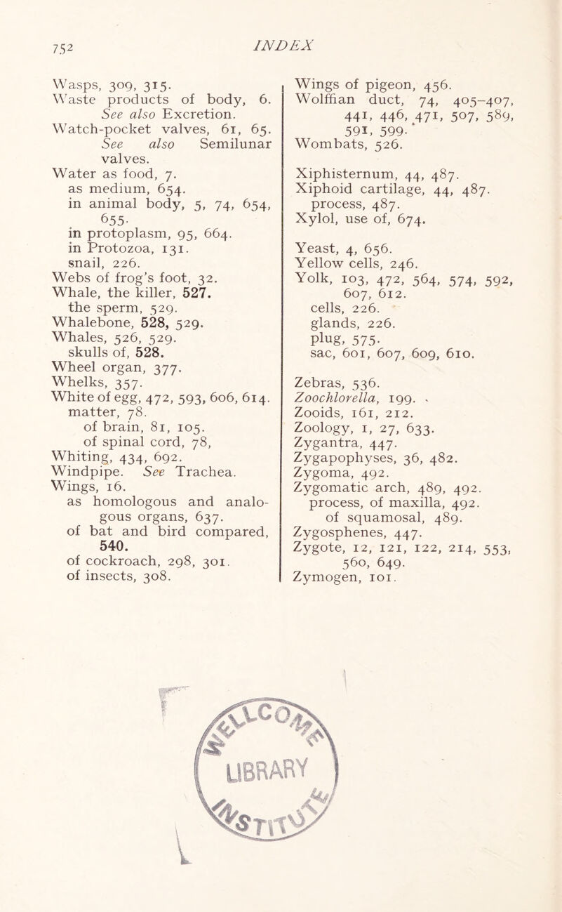 Wasps, 309, 315. Waste products of body, 6. See also Excretion. Watch-pocket valves, 61, 65. See also Semilunar valves. Water as food, 7. as medium, 654. in animal body, 5, 74, 654, 655- in protoplasm, 95, 664. in Protozoa, 131. snail, 226. Webs of frog’s foot, 32. Whale, the killer, 527. the sperm, 529. Whalebone, 528, 529. Whales, 526, 529. skulls of, 528. Wheel organ, 377. Whelks, 357. White of egg, 472, 593, 606, 614. matter, 78. of brain, 81, 105. of spinal cord, 78, Whiting, 434, 692. Windpipe. See Trachea. Wings, 16. as homologous and analo- gous organs, 637. of bat and bird compared, 540. of cockroach, 298, 301. of insects, 308. Wings of pigeon, 456. Wolffian duct, 74, 405-407, 441, 446, 471, 507, 589, 591, 599- ‘ Wombats, 526. Xiphisternum, 44, 487. Xiphoid cartilage, 44, 487. process, 487. Xylol, use of, 674. Yeast, 4, 656. Yellow cells, 246. Yolk, 103, 472, 564, 574, 592, 607, 612. cells, 226. glands, 226. p!ug, 575- sac, 601, 607, 609, 610. Zebras, 536. Zoochlovella, 199. . Zooids, 161, 212. Zoology, 1, 27, 633. Zygantra, 447. Zygapophyses, 36, 482. Zygoma, 492. Zygomatic arch, 489, 492. process, of maxilla, 492. of squamosal, 489. Zygosphenes, 447. Zygote, 12, 121, 122, 214, 553, 560, 649. Zymogen, 101.