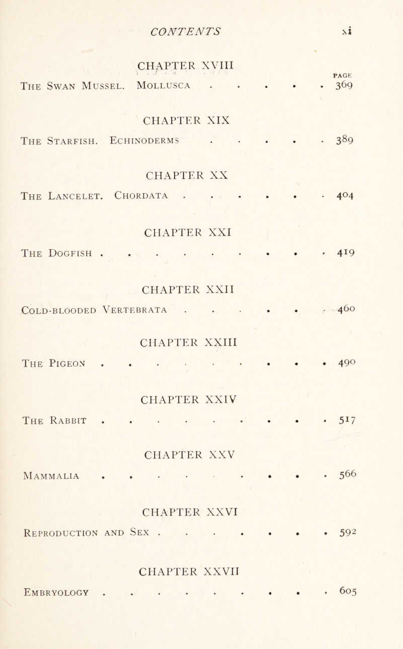 CHAPTER XVIII l * J A The Swan Mussel. Mollusca PAGE • 369 CHAPTER XIX The Starfish. Echinoderms 389 CHAPTER XX The Lancelet. Chordata 4°4 CHAPTER XXI The Dogfish . • # 4T9 CPIAPTER XXII Cold-blooded Vertebrata 460 CHAPTER XXIII The Pigeon . CHAPTER XXIV The Rabbit ..... CHAPTER XXV Mammalia CHAPTER XXVI Reproduction and Sex . CHAPTER XXVII « 49° • 517 . 566 » 592 Embryology . 605