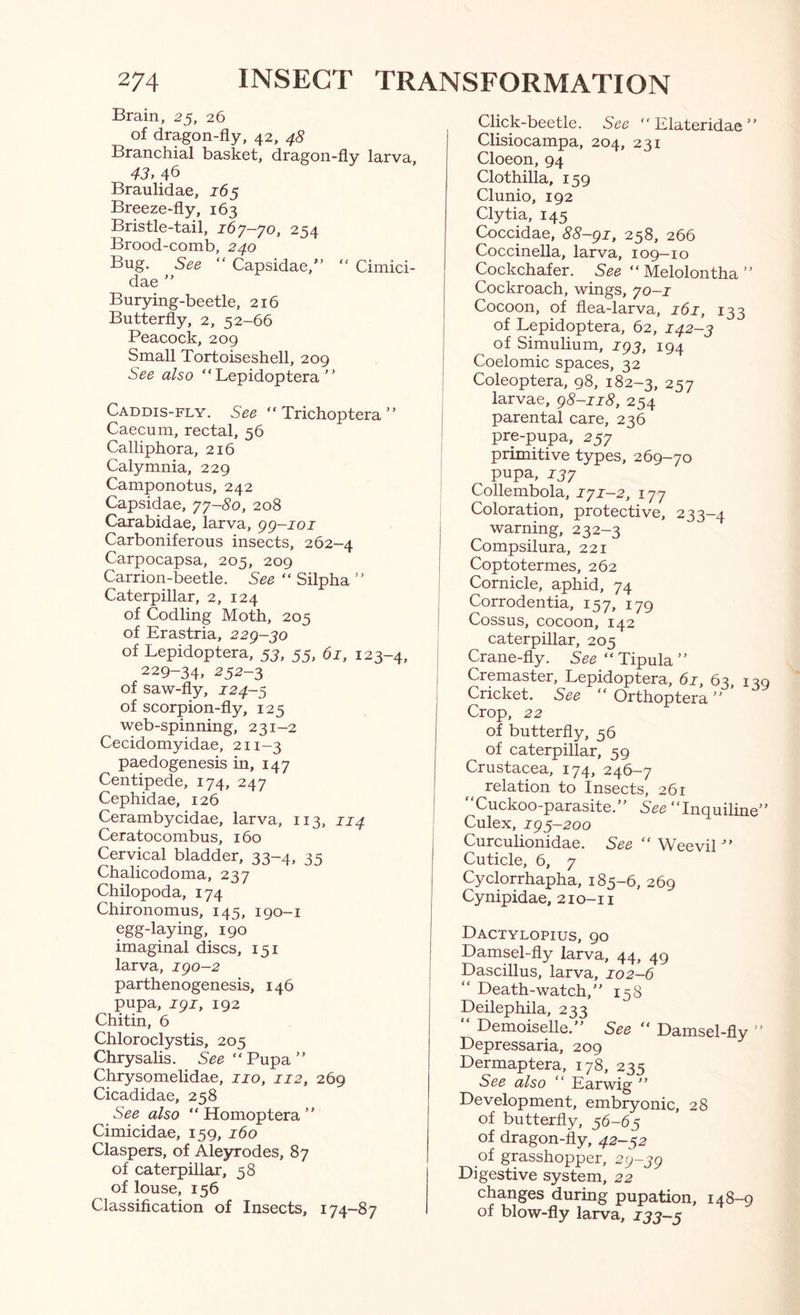 Brain, 25, 26 of dragon-fly, 42, 48 Branchial basket, dragon-fly larva, 43, 46 Braulidae, J65 Breeze-fly, 163 Bristle-tail, i6y-yo, 254 Brood-comb, 240 Bug. See “ Capsidae,” “ Cimici- dae ” Burying-beetle, 216 Butterfly, 2, 52-66 Peacock, 209 Small Tortoiseshell, 209 See also  Lepidoptera  Caddis-fly. See “ Trichoptera ” Caecum, rectal, 56 Calliphora, 216 Calymnia, 229 Camponotus, 242 Capsidae, yy-80, 208 Carabidae, larva, gg—ioi Carboniferous insects, 262-4 Carpocapsa, 205, 209 Carrion-beetle. See “ Silpha ” Caterpillar, 2, 124 of Codling Moth, 205 of Erastria, 229-jo of Lepidoptera, 53, 55, 61, 123-4, 229-34, 252-3 of saw-fly, 124-y, of scorpion-fly, 125 web-spinning, 231-2 Cecidomyidae, 211-3 paedogenesis in, 147 Centipede, 174, 247 Cephidae, 126 Cerambycidae, larva, 113, 114 Ceratocombus, 160 Cervical bladder, 33-4, 35 Chalicodoma, 237 Chilopoda, 174 Chironomus, 145, 190-1 egg-laying, 190 imaginal discs, 151 larva, igo-2 parthenogenesis, 146 pupa, igi, 192 Chitin, 6 Chloroclystis, 205 Chrysalis. See “Pupa.’’ Chrysomelidae, no, 112, 269 Cicadidae, 258 See also “ Homoptera ” Cimicidae, 159, 160 Claspers, of Aleyrodes, 87 of caterpillar, 58 of louse, 156 Classification of Insects, 174-87 Click-beetle. See  Elateridae ” Clisiocampa, 204, 231 Cloeon, 94 Clothilla, 159 Clunio, 192 Clytia, 145 Coccidae, 88-gi, 258, 266 Coccinella, larva, 109—10 Cockchafer. 5^^ “ Melolontha ” Cockroach, wings, yo—i Cocoon, of flea-larva, 161, 133 of Lepidoptera, 62, 142-3 of Simulium, jpj, 194 Coelomic spaces, 32 Coleoptera, 98, 182-3, 257 larvae, g8-ii8, 254 parental care, 236 pre-pupa, 257 primitive types, 269-70 pupa, JJ7 Collembola, iyi-2, 177 Coloration, protective, 233-4 warning, 232-3 Compsilura, 221 Coptotermes, 262 Cornicle, aphid, 74 Corrodentia, 157, 179 Cossus, cocoon, 142 caterpillar, 205 Crane-fly. “ Tipula ” Cremaster, Lepidoptera, (ii, 64 1^9 Cricket. See “ Orthoptera ” ’ Crop, 22 of butterfly, 56 of caterpillar, 59 Crustacea, 174, 24^-y relation to Insects, 261 “Cuckoo-parasite.” See “Inquiline” Culex, ig3-2oo Curculionidae. See “ Weevil ■” Cuticle, 6, 7 Cyclorrhapha, 185-6, 269 Cynipidae, 210-11 Dactylopius, 90 Damsel-fly larva, 44, 49 Dascillus, larva, 102-6 “ Death-watch,” 158 Deilephila, 233 “ Demoiselle.” See “ Damsel-fly ” Depressaria, 209 Dermaptera, 178, 235 See also “ Earwig ” Development, embryonic, 28 of butterfly, 56-65 of dragon-fly, 42—32 of grasshopper, 2g-3g Digestive system, 22 changes during pupation, 148-9 of blow-fly larva, 133—3