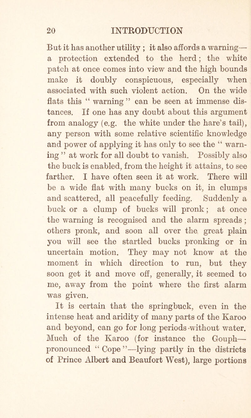 But it has another utility ; it also affords a warning— a protection extended to the herd; the white patch at once comes into view and the high bounds make it doubly conspicuous, especially when associated with such violent action. On the wide flats this “ warning ” can be seen at immense dis- tances. If one has any doubt about this argument from analogy (e.g. the white under the hare’s tail), any person with some relative scientific knowledge and power of applying it has only to see the “ warn- ing ” at work for all doubt to vanish. Possibly also the buck is enabled, from the height it attains, to see farther. I have often seen it at work. There will be a wide flat with many bucks on it, in clumps and scattered, all peacefully feeding. Suddenly a buck or a clump of bucks will pronk; at once the warning is recognised and the alarm spreads ; others pronk, and soon all over the great plain you will see the startled bucks pronking or in uncertain motion. They may not know at the moment in which direction to run, but they soon get it and move off, generally, it seemed to me, away from the point where the first alarm was given. It is certain that the springbuck, even in the intense heat and aridity of many parts of the Karoo and beyond, can go for long periods ^without water. Much of the Karoo (for instance the Gouph— pronounced “Cope”—lying partly in the districts of Prince Albert and Beaufort West), large portions