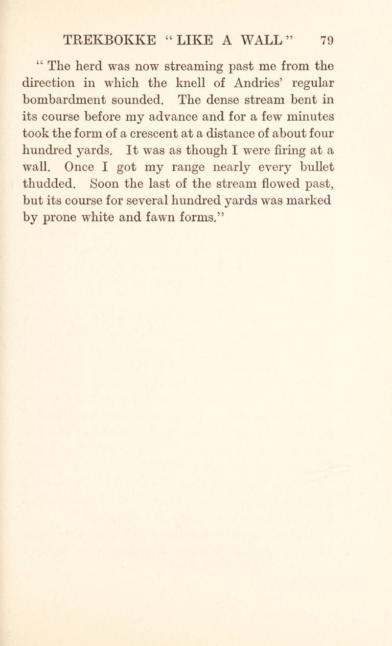 “ The herd was now streaming past me from the direction in which the knell of Andries5 regular bombardment sounded. The dense stream bent in its course before my advance and for a few minutes took the form of a crescent at a distance of about four hundred yards. It was as though I were firing at a wall. Once I got my range nearly every bullet thudded. Soon the last of the stream flowed past, but its course for several hundred yards was marked by prone white and fawn forms.”