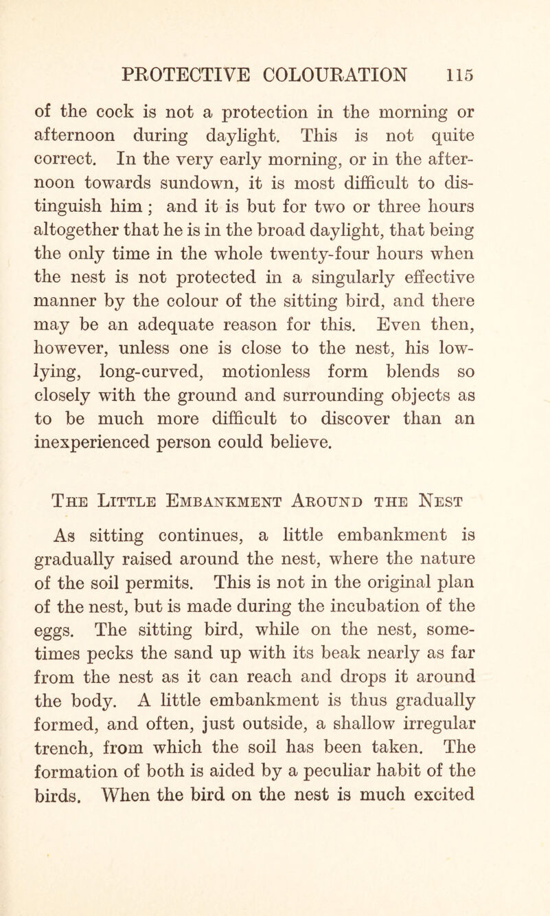 of the cock is not a protection in the morning or afternoon during daylight. This is not quite correct. In the very early morning, or in the after- noon towards sundown, it is most difficult to dis- tinguish him; and it is but for two or three hours altogether that he is in the broad daylight, that being the only time in the whole twenty-four hours when the nest is not protected in a singularly effective manner by the colour of the sitting bird, and there may be an adequate reason for this. Even then, however, unless one is close to the nest, his low- lying, long-curved, motionless form blends so closely with the ground and surrounding objects as to be much more difficult to discover than an inexperienced person could believe. The Little Embankment Around the Nest As sitting continues, a little embankment is gradually raised around the nest, where the nature of the soil permits. This is not in the original plan of the nest, but is made during the incubation of the eggs. The sitting bird, while on the nest, some- times pecks the sand up with its beak nearly as far from the nest as it can reach and drops it around the body. A little embankment is thus gradually formed, and often, just outside, a shallow irregular trench, from which the soil has been taken. The formation of both is aided by a peculiar habit of the birds. When the bird on the nest is much excited