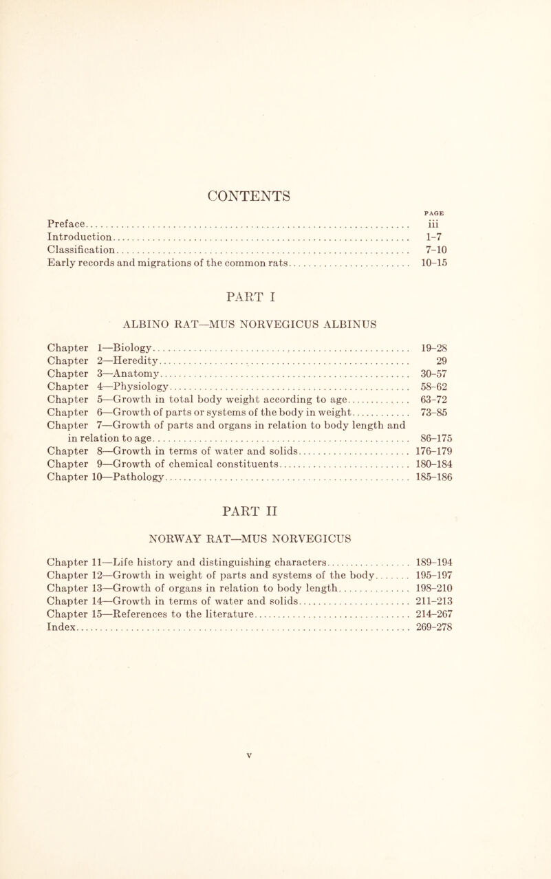 CONTENTS PAGE Preface iii Introduction 1-7 Classification 7-10 Early records and migrations of the common rats 10-15 PART I ALBINO RAT—MUS NORVEGICUS ALBINUS Chapter 1—Biology 19-28 Chapter 2—Heredity 29 Chapter 3—Anatomy 30-57 Chapter 4—Physiology 58-62 Chapter 5—Growth in total body weight according to age 63-72 Chapter 6—Growth of parts or systems of the body in weight 73-85 Chapter 7—Growth of parts and organs in relation to body length and in relation to age 86-175 Chapter 8—Growth in terms of water and solids 176-179 Chapter 9—Growth of chemical constituents 180-184 Chapter 10—Pathology 185-186 PART II NORWAY RAT—MUS NORVEGICUS Chapter 11—Life history and distinguishing characters 189-194 Chapter 12—Growth in weight of parts and systems of the body 195-197 Chapter 13—Growth of organs in relation to body length 198-210 Chapter 14—Growth in terms of water and solids 211-213 Chapter 15—References to the literature 214-267 Index 269-278