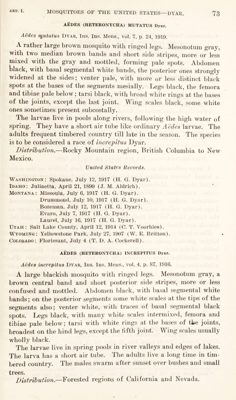 AEDES (HETERONYCHA) MUTATUS Dyar. Aedes rqutatus Dyar, Ins. Ins. Mens., vol. 7, p. 24, 1919. A rather large brown mosquito with ringed legs. Mesonotum gray, with two median brown bands and short side stripes, more or less mixed with the gray and mottled, forming pale spots. Abdomen black, with basal segmental white bands, the posterior ones strongly widened at the sides; venter pale, with more or less distinct black spots at the bases of the segments mesially. Legs black, the femora and tibiae pale below; tarsi black, with broad white rings at the bases of the joints, except the last joint. Wing scales black, some white ones sometimes present subcostally. The larvae live in pools along rivers, following the high water of spring. They have a short air tube like ordinary Aedes larvae. The adults frequent timbered country till late in the season. The species is to be considered a race of increpitus Dyar. Distribution.—Rocky Mountain region, British Columbia to New Mexico. United States Records. Washington: Spokane, July 12, 1917 (H. G. Dyar). Idaho: Juliaetta, April 21, 1899 (J. M. Aldrich). Montana: Missoula, July 6, 1917 (H. G. Dyar). Drummond, July 10, 1917 (H. G. Dyar). Bozeman, July 12, 1917 (H. G. Dyar). Evaro, July 7, 1917 (H. G. Dyar). Laurel, July 16, 1917 (H. G. Dyar). Utah: Salt Lake County, April 12, 1914 (C. T. Voorhies). Wyoming: Yellowstone Park, July 27, 1907 (W. E. Britton). Colorado: Florissant, July 4 (T. D. A. Cockerell). AEDES (HETERONYCHA) INCREPITUS Dyar. Aedes increpitus Dyar, Ins. Ins. Mens., vol. 4, p. 87, 1916. A large blackish mosquito with ringed legs. Mesonotum gray, a brown central band and short posterior side stripes, more or less confused and mottled. Abdomen black, with basal segmental white bands; on the posterior segments some white scales at the tips of the segments also; venter white, with traces of basal segmental black spots. Legs black, with many white scales intermixed, femora and tibiae pale below; tarsi with white rings at the bases of the joints, broadest on the hind legs, except the fifth joint. Wing scales usually wholly black. The larvae live in spring pools in river valleys and edges of lakes. The larva has a short air tube. The adults live a long time in tim- bered country. The males swarm after sunset over bushes and small trees. Distribution.—Forested regions of California and Nevada.