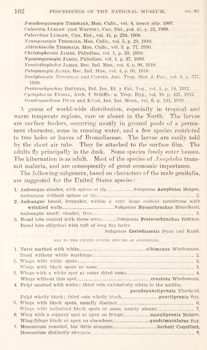 Pseudomyzomyia Theobald, Mon. Culic., vol. 4, insert slip. 1907. Galvertia Ludlow (not Warren), Can. Ent., yol. 41, p. 22, 1909. Calvertina Ludlow, Can. Ent., vol. 41, p. 234, 1909. Neomyzomyia Theobald, Mon. Culic., vol. 5, p. 29, 1910. Aldrichinella Theobald, Mon. Culic., vol. 5, p. 77. 1910. Christophersia James, Paludism, vol. 1, p. 33. 1910. Nyssomyzomyia James, Paludism, vol. 1, p. 37, 1910. Neostethopheles James, Rec. Ind. Mus., vol. 4, p. 98. 1910. Patagiamyia James, Rec. Ind. Mus., vol. 4, p. 98, 1910. DacAylomyia Newstead and Carter, Ann. Trop. Med. A Par., vol. 4, p. 377, 1910. Proterorhynchus BeRthes, Bol. Ins. Et. y Pat. Yeg., vol. 1, p. 14, 1912. Cyclophorus Eysell, Arch. f. Schiffs.- u. Trop. Ilyg., vol. 16, p. 421, 1912. Dendropaedium Dyak and Knab, Ins. Ins. Mens., vol. 6. p. 141, 1918. A genus of world-wide distribution, especially in tropical and warm temperate regions, rare or absent in the North. The larvae are surface feeders, occurring mostly in ground pools of a perma- nent character, some in running water, and a few species restricted to tree holes or leaves of Bromeliaceae. The larvae are easily told by the short air tube. They lie attached to the surface film. The •J *y adults fly principally in the dusk. Some species freely enter houses. The hibernation is as adult. Most of the species of Anopheles trans- mit malaria, and are consequently of great economic importance. The following subgenera, based on characters of the male genitalia, are suggested for the United States species: 1. Aedoeagus slender, with spines at tip Subgenus Anopheles Meigen. Aedoeagus without spines at tip 2. 2. Aedoeagus broad, irregular, within a very large conical membrane with wrinkled walls Subgenus Nyssorhynchns Blanchard. Aedoeagus small, blender, free 3. 3. Basal lobe conical with three setae Subgenus Proterorhynchus Brethes. Basal lobe elliptical with tuft of long flat hairs. Subgenus Coelodiazesis Dyar and Knab. KEY TO THE UNITED STATES SPECIES OF ANOPHELES. 1. Tarsi marked with white albimanus Wiedemann. Tarsi without white markings 2. 2. Wings with white spots 3. Wings with black spots or none 5. 3. Wings with a white spot at outer third costa 4. Wings without this spot crucians Wiedemann. 4. Palpi marked with white; third vein extensively white in the middle. psendopnnctipennis Theobald. Palpi wholly black; third vein wholly black pnnctipennis Say. 5. Wings with black spots, usually distinct 6. Wings with indistinct black spots or none, usualy absent 7. Wing with a coppery spot at apex on fringe macnlipennis Meigen. Wing-fringe black at apex as elsewhere qnadrimaeulatus Say. Mesonotum rounded, but little elongate barberi Coquillett. Mesonotum distinctly elongate 8. 6.