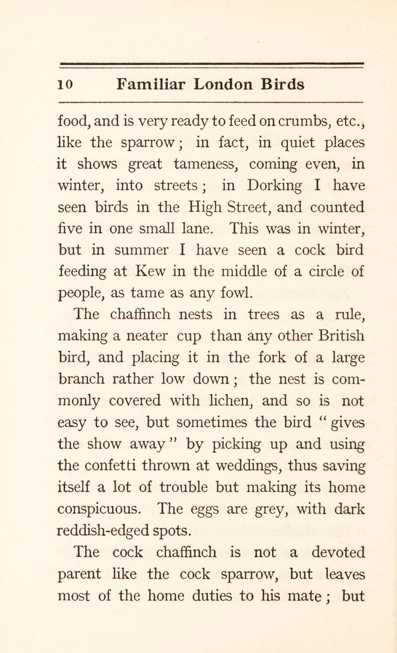 food, and is very ready to feed on crumbs, etc., like the sparrow; in fact, in quiet places it shows great tameness, coming even, in winter, into streets; in Dorking I have seen birds in the High Street, and counted five in one small lane. This was in winter, but in summer I have seen a cock bird feeding at Kew in the middle of a circle of people, as tame as any fowl. The chaffinch nests in trees as a rule, making a neater cup than any other British bird, and placing it in the fork of a large branch rather low down; the nest is com- monly covered with lichen, and so is not easy to see, but sometimes the bird “ gives the show away ” by picking up and using the confetti thrown at weddings, thus saving itself a lot of trouble but making its home conspicuous. The eggs are grey, with dark reddish-edged spots. The cock chaffinch is not a devoted parent like the cock sparrow, but leaves most of the home duties to his mate; but