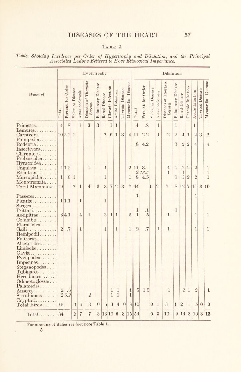 Table 2. Table Showing Incidence per Order of Hypertrophy and Dilatation, and the Principal Associated Lesions Believed to Have Etiological Importance. Hypertrophy Dilatation Heart of Primates Lemures Carnivora Pinnipedia Rodentia Insectivora Chiroptera Proboscidea Hyracoidea Ungulata Edentata Marsupialia Monotremata.... Total Mammals. . Passeres Picarise Striges Psittaci Accipitres Columbse Pterocletes Galli . Hemipodii Fulicarise Alectorides Limicolse Gavise Pygopodes Impennes Steganopodes. . . . Tubinares Herodiones Odonotoglossse. . . Palamedes Anseres Stmthiones Crypturi Total Birds Total T otal Percent, for Order Valvular Disease Arteriosclerosis Diseases of Thoracic Serosae Pulmonary Disease Renal Disease Chronic Infection Acute Infection Thyroid Disease Myocardial Disease Total Percent, for Order Valvular Disease Arteriosclerosis Diseases of Thoracic Serosae Pulmonary Disease Renal Disease Chronic Infection Acute Infection Thyroid Disease Myocardial Disease 4 .8 1 3 3 1 1 1 4 .8 1 1 1 1 10 2.1 1 2 6 1 3 4 11 2.2 1 o Ami 2 4 1 2 3 2 8 4.2 3 2 2 4 4 4 1.2 1 4 2 11 3. 4 1 2 2 2 1 2 12.5 1 1 1 1 .6 1 1 1 8 4.5 1 3 2 2 1 19 2 1 4 3 8 7 2 3 7 44 0 2 7 8 12 7 11 3 10 1 1 1 1.1 1 1 1 .1 1 8 4.1 4 1 3 1 1 5 1 .5 1 1 1 2 .7 1 1 1 1 2 .7 1 1 1 1 2 .6 1 1 1 5 1.5 1 2 1 2 1 2 6.2 2 1 1 1 15 0 6 3 0 5 3 4 0 8 10 0 1 3 1 2 1 5 0 3 34 2 7 7 3 13 10 6 3 15 54 0 3 10 9 14 8 16 3 13 For meaning of italics see foot note Table 1.
