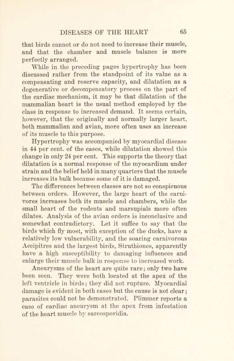 that birds cannot or do not need to increase their muscle, and that the chamber and muscle balance is more perfectly arranged. While in the preceding pages hypertrophy has been discussed rather from the standpoint of its value as a compensating and reserve capacity, and dilatation as a degenerative or decompensatory process on the part of the cardiac mechanism, it may be that dilatation of the mammalian heart is the usual method employed by the class in response to increased demand. It seems certain, however, that the originally and normally larger heart, both mammalian and avian, more often uses an increase of its muscle to this purpose. Hypertrophy was accompanied by myocardial disease in 44 per cent, of the cases, while dilatation showed this change in only 24 per cent. This supports the theory that dilatation is a normal response of the myocardium under strain and the belief held in many quarters that the muscle increases its bulk because some of it is damaged. The differences between classes are not so conspicuous between orders. However, the large heart of the carni- vores increases both its muscle and chambers, while the small heart of the rodents and marsupials more often dilates. Analysis of the avian orders is inconclusive and somewhat contradictory. Let it suffice to say that the birds which fly most, with exception of the ducks, have a relatively low vulnerability, and the soaring carnivorous Accipitres and the largest birds, Struthiones, apparently have a high susceptibility to damaging influences and enlarge their muscle bulk in response to increased work. Aneurysms of the heart are quite rare; only two have been seen. They were both located at the apex of the left ventricle in birds; they did not rupture. Myocardial damage is evident in both cases but the cause is not clear; parasites could not be demonstrated. Plimmer reports a case of cardiac aneurysm at the apex from infestation of the heart muscle by sarcosporidia.