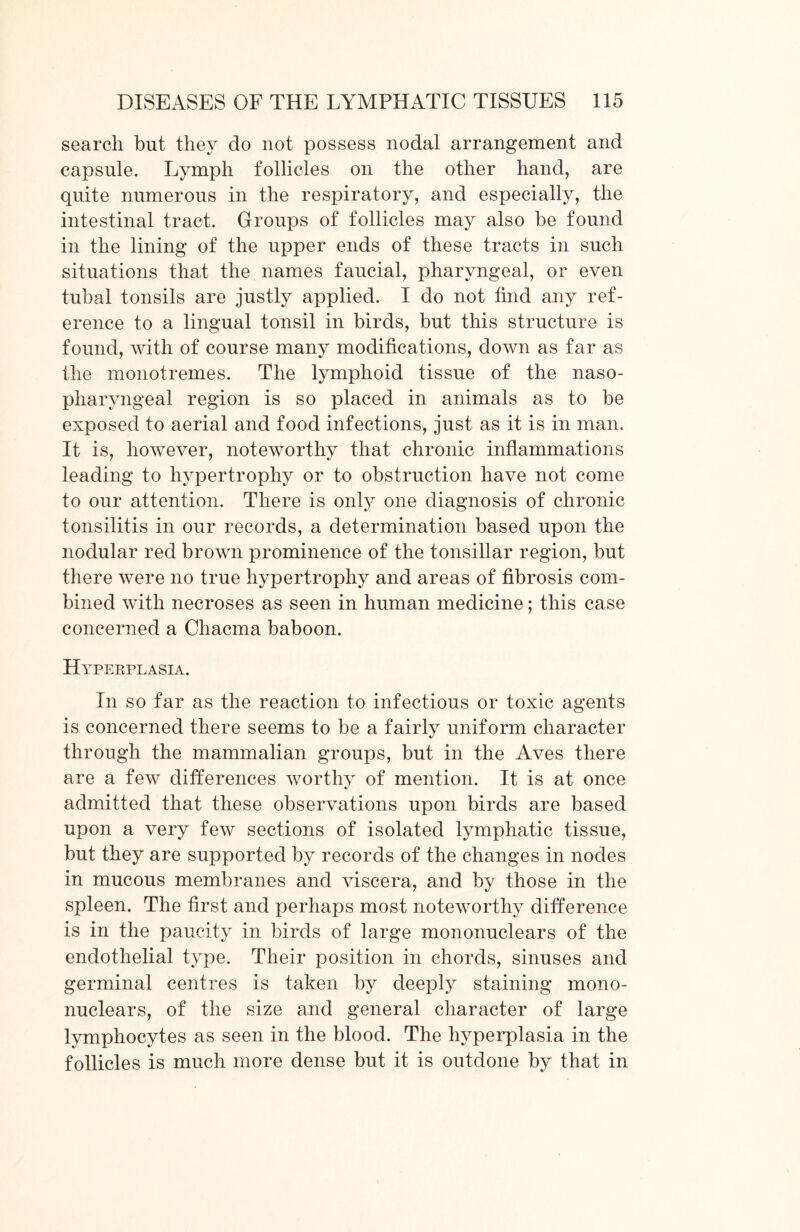 search but they do not possess nodal arrangement and capsule. Lymph follicles on the other hand, are quite numerous in the respiratory, and especially, the intestinal tract. Groups of follicles may also be found in the lining of the upper ends of these tracts in such situations that the names faucial, pharyngeal, or even tubal tonsils are justly applied. I do not find any ref- erence to a lingual tonsil in birds, but this structure is found, with of course many modifications, down as far as the monotremes. The lymphoid tissue of the naso- pharyngeal region is so placed in animals as to be exposed to aerial and food infections, just as it is in man. It is, however, noteworthy that chronic inflammations leading to hypertrophy or to obstruction have not come to our attention. There is only one diagnosis of chronic tonsilitis in our records, a determination based upon the nodular red brown prominence of the tonsillar region, but there were no true hypertrophy and areas of fibrosis com- bined with necroses as seen in human medicine; this case concerned a Chacma baboon. Hyperplasia. In so far as the reaction to infectious or toxic agents is concerned there seems to be a fairly uniform character through the mammalian groups, but in the Aves there are a few differences worthy of mention. It is at once admitted that these observations upon birds are based upon a very few sections of isolated lymphatic tissue, but they are supported by records of the changes in nodes in mucous membranes and viscera, and by those in the spleen. The first and perhaps most noteworthy difference is in the paucity in birds of large mononuclears of the endothelial type. Their position in chords, sinuses and germinal centres is taken by deeply staining mono- nuclears, of the size and general character of large lymphocytes as seen in the blood. The hyperplasia in the follicles is much more dense but it is outdone by that in