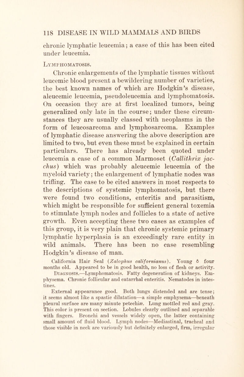 chronic lymphatic leucemia; a case of this has been cited under leucemia. Lymphomatosis. Chronic enlargements of the lymphatic tissues without leucemic blood present a bewildering number of varieties, the best known names of which are Hodgkin’s disease, aleucemic leucemia, pseudoleucemia and lymphomatosis. On occasion they are at first localized tumors, being generalized only late in the course; under these circum- stances they are usually classed with neoplasms in the form of leucosarcoma and lymphosarcoma. Examples of lymphatic disease answering the above description are limited to two, but even these must be explained in certain particulars. There has already been quoted under leucemia a case of a common Marmoset (Callithrix jac- clfius) which was probably aleucemic leucemia of the m}Teloid variety; the enlargement of lymphatic nodes was trifling. The case to be cited answers in most respects to the descriptions of systemic lymphomatosis, but there were found two conditions, enteritis and parasitism, which might be responsible for sufficient general toxemia to stimulate lymph nodes and follicles to a state of active growth. Even accepting these two cases as examples of this group, it is very plain that chronic systemic primary lymphatic hyperplasia is an exceedingly rare entity in wild animals. There has been no case resembling Llodgkin’s disease of man. California Hair Seal (Zalophus calif ornianus). Young 6 four months old. Appeared to be in good health, no loss of flesh or activity. Diagnosis.—Lymphomatosis. Fatty degeneration of kidneys. Em- physema. Chronic follicular and catarrhal enteritis. Nematodes in intes- tines. External appearance good. Both lungs distended and are tense; it seems almost like a spastic dilatation—a simple emphysema—beneath pleural surface are many minute petechise. Lung mottled red and gray. This color is present on section. Lobules clearly outlined and separable with fingers. Bronchi and vessels widely open, the latter containing small amount of fluid blood. Lymph nodes—Mediastinal, tracheal and those visible in neck are variously but definitely enlarged, firm, irregular