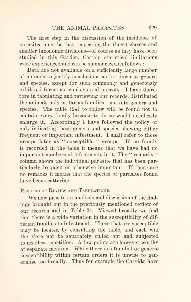 The first step in the discussion of the incidence of parasites must be that respecting the (host) classes and smaller taxonomic divisions—of course as they have been studied in this Garden. Certain statistical limitations were experienced and can be summarized as follows : Data are not available on a sufficiently large number of animals to justify conclusions as far down as genera and species, except for such commonly and generously exhibited forms as monkeys and parrots. I have there- fore in tabulating and reviewing our records, distributed the animals only as far as families—not into genera and species. The table (24) to follow will be found not to contain every family because to do so would needlessly enlarge it. Accordingly I have followed the policy of only indicating those genera and species showing either frequent or important infestment. I shall refer to those groups later as “ susceptible ” groups. If no family is recorded in the table it means that we have had no important numbers of infestments in it. The “ remarks ” column shows the individual parasite that has been par- ticularly frequent or otherwise important. If there are no remarks it means that the species of parasites found have been scattering. Results of Review and Tabulations. We now pass to an analysis and discussion of the find- ings brought out in the previously mentioned review of our records and in Table 24. Viewed broadly we find that there is a wide variation in the susceptibility of dif- ferent families to infestment. Those that are susceptible may be located by consulting the table, and each will therefore not be separately culled out and subjected to needless repetition. A few points are however worthy of separate mention. While there is a familial or generic susceptibility within certain orders it is unwise to gen- eralize too broadly. Thus for example the Corvidae have