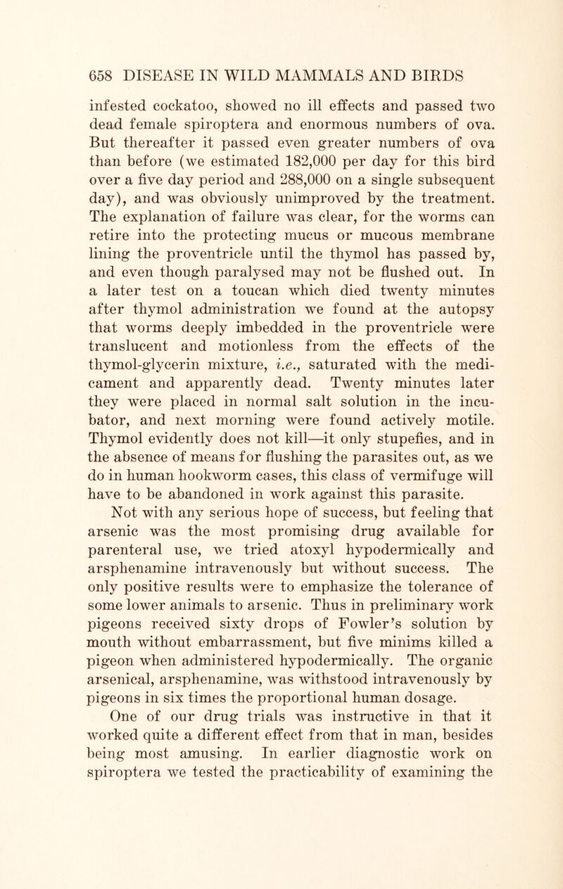 infested cockatoo, showed no ill effects and passed two dead female spiroptera and enormous numbers of ova. But thereafter it passed even greater numbers of ova than before (we estimated 182,000 per day for this bird over a five day period and 288,000 on a single subsequent day), and was obviously unimproved by the treatment. The explanation of failure was clear, for the worms can retire into the protecting mucus or mucous membrane lining the proventricle until the thymol has passed by, and even though paralysed may not be flushed out. In a later test on a toucan which died twenty minutes after thymol administration we found at the autopsy that worms deeply imbedded in the proventricle were translucent and motionless from the effects of the thymol-glycerin mixture, i.e., saturated with the medi- cament and apparently dead. Twenty minutes later they were placed in normal salt solution in the incu- bator, and next morning were found actively motile. Thymol evidently does not kill—it only stupefies, and in the absence of means for flushing the parasites out, as we do in human hookworm cases, this class of vermifuge will have to be abandoned in work against this parasite. Not with any serious hope of success, but feeling that arsenic was the most promising drug available for parenteral use, we tried atoxyl hypodermically and arsphenamine intravenously but without success. The only positive results were to emphasize the tolerance of some lower animals to arsenic. Thus in preliminary work pigeons received sixty drops of Fowler’s solution by mouth without embarrassment, but five minims killed a pigeon when administered hypodermically. The organic arsenical, arsphenamine, was withstood intravenously by pigeons in six times the proportional human dosage. One of our drug trials was instructive in that it worked quite a different effect from that in man, besides being most amusing. In earlier diagnostic work on spiroptera we tested the practicability of examining the