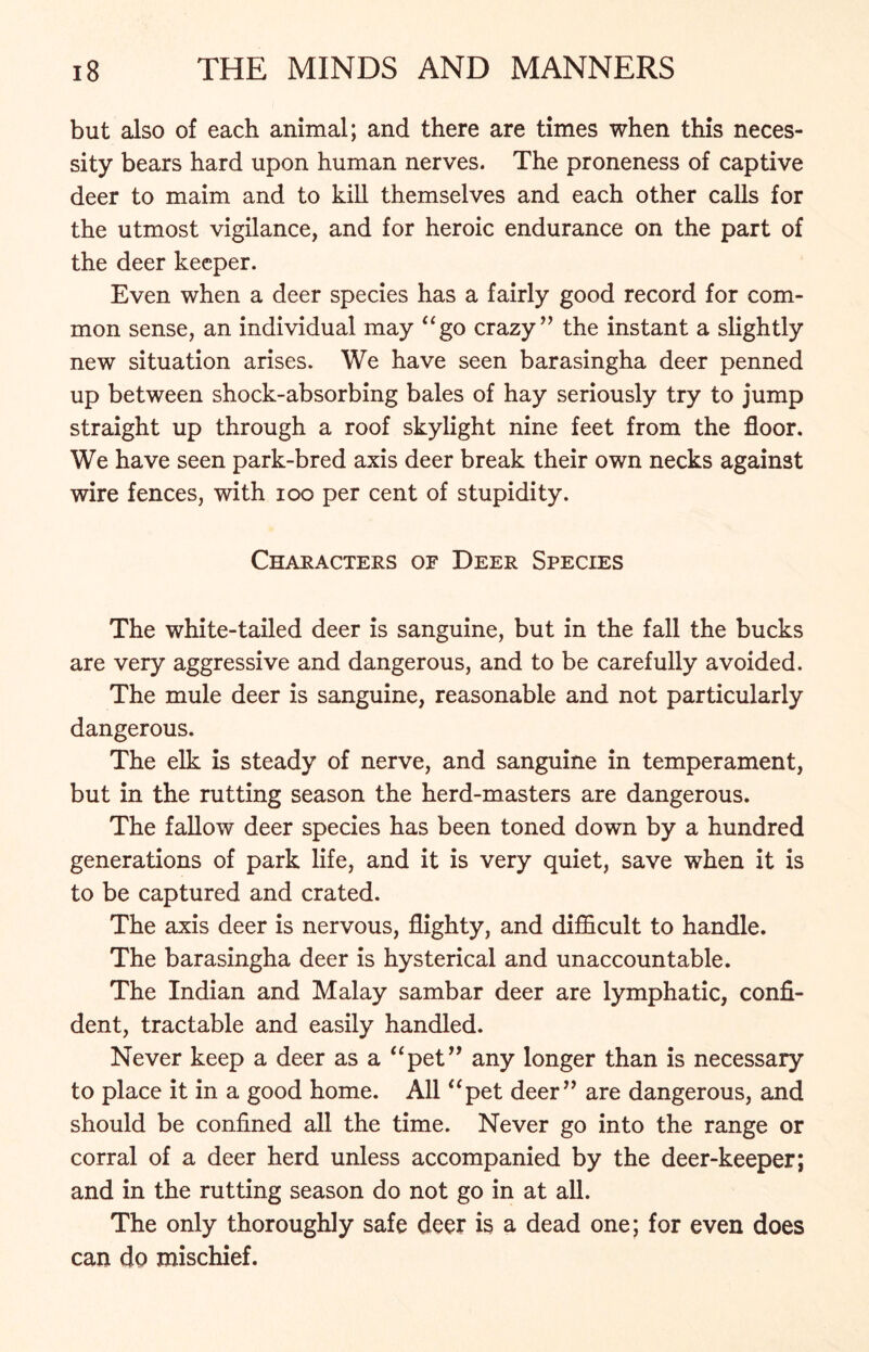 but also of each animal; and there are times when this neces- sity bears hard upon human nerves. The proneness of captive deer to maim and to kill themselves and each other calls for the utmost vigilance, and for heroic endurance on the part of the deer keeper. Even when a deer species has a fairly good record for com- mon sense, an individual may “go crazy ” the instant a slightly new situation arises. We have seen barasingha deer penned up between shock-absorbing bales of hay seriously try to jump straight up through a roof skylight nine feet from the floor. We have seen park-bred axis deer break their own necks against wire fences, with ioo per cent of stupidity. Characters oe Deer Species The white-tailed deer is sanguine, but in the fall the bucks are very aggressive and dangerous, and to be carefully avoided. The mule deer is sanguine, reasonable and not particularly dangerous. The elk is steady of nerve, and sanguine in temperament, but in the rutting season the herd-masters are dangerous. The fallow deer species has been toned down by a hundred generations of park life, and it is very quiet, save when it is to be captured and crated. The axis deer is nervous, flighty, and difficult to handle. The barasingha deer is hysterical and unaccountable. The Indian and Malay sambar deer are lymphatic, confi- dent, tractable and easily handled. Never keep a deer as a “pet” any longer than is necessary to place it in a good home. All “pet deer” are dangerous, and should be confined all the time. Never go into the range or corral of a deer herd unless accompanied by the deer-keeper; and in the rutting season do not go in at all. The only thoroughly safe deer is a dead one; for even does can do mischief.