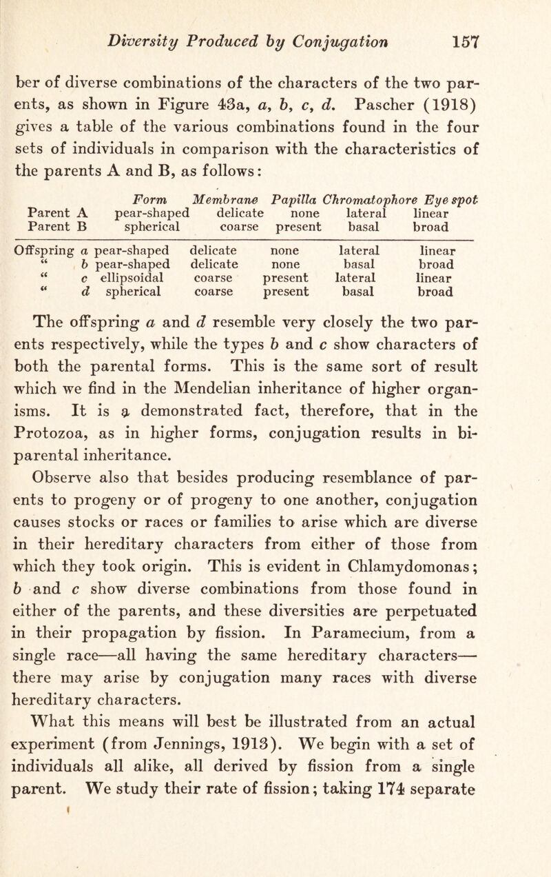 ber of diverse combinations of the characters of the two par- ents, as shown in Figure 43a, a, 5, c, d. Pascher (1918) gives a table of the various combinations found in the four sets of individuals in comparison with the characteristics of the parents A and B, as follows: Form Membrane Papilla Chromatophore Eye spot Parent A pear-shaped delicate none lateral linear Parent B spherical coarse present basal broad Offspring a pear-shaped delicate none lateral linear “ b pear-shaped delicate none basal broad “ c ellipsoidal coarse present lateral linear “ d spherical coarse present basal broad The offspring a and d resemble very closely the two par- ents respectively, while the types b and c show characters of both the parental forms. This is the same sort of result which we find in the Mendelian inheritance of higher organ- isms. It is & demonstrated fact, therefore, that in the Protozoa, as in higher forms, conjugation results in bi- parental inheritance. Observe also that besides producing resemblance of par- ents to progeny or of progeny to one another, conjugation causes stocks or races or families to arise which are diverse in their hereditary characters from either of those from which they took origin. This is evident in Chlamydomonas; b and c show diverse combinations from those found in either of the parents, and these diversities are perpetuated in their propagation by fission. In Paramecium, from a single race—all having the same hereditary characters— there may arise by conjugation many races with diverse hereditary characters. What this means will best be illustrated from an actual experiment (from Jennings, 1913). We begin with a set of individuals all alike, all derived by fission from a single parent. We study their rate of fission; taking 174 separate