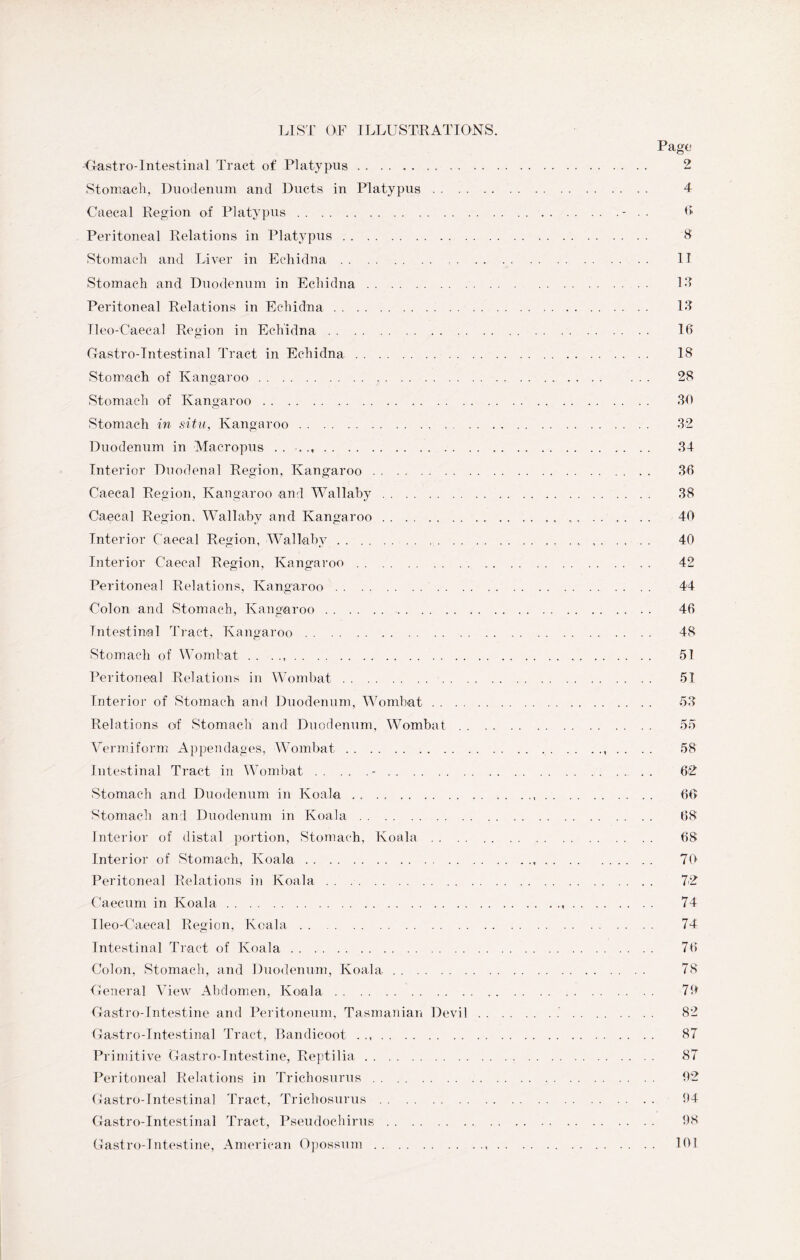 LIST QF ILLUSTRATIONS. -Gastro-Intestinal Tract of Platypus Stomach, Duodenum and Ducts in Platypus . . . . Caeeal Region of Platypus Peritoneal Relations in Platypus Stomach and Liver in Echidna Stomach and Duodenum in Echidna Peritoneal Relations in Echidna Tleo-Caecal Region in Echidna Gastro-Intestinal Tract in Echidna Stomach of Kangaroo Stomach of Kangaroo Stomach in situ, Kangaroo Duodenum in Macropus Interior Duodenal Region, Kangaroo Caeeal Region, Kangaroo .and Wallaby Caeeal Region, Wallaby and Kangaroo Interior Caeeal Region, Wallaby Interior Caeeal Region, Kangaroo Peritoneal Relations, Kangaroo Colon and Stomach, Kangaroo Intestinal Tract, Kangaroo . . . . Stomach of Wombat Peritoneal Relations in Wombat Interior of Stomach and Duodenum, Wombat . . Relations of Stomach and Duodenum, Wombat Vermiform Appendages, Wombat Intestinal Tract in Wombat - Stomach and Duodenum in Koala Stomach and Duodenum in Koala Interior of distal portion, Stomach, Koala . . . . Interior of Stomach, Koala Peritoneal Relations in Koala Caecum in Koala Ileo-'Caecal Region, Koala Intestinal Tract of Koala Colon, Stomach, and Duodenum, Koala General View Abdomen, Koala Gastro-Intestine and Peritoneum, Tasmanian Devil Gastro-Intestinal Tract, Bandicoot Primitive Gastro-Intestine, Reptilia Peritoneal Relations in Trichosurus Gastro-Intestinal Tract, Trichosurus Gastro-Intestinal Tract, Pseudochirus Gastro-Intestine, American Opossum 0 8 IT 18 18 16 18 28 30 32 34 36 38 40 40 42 44 46 48 51 51 53 55 58 62 66 68 68 70 72 74 74 76 78 70 82 87 87 02 04 08 101