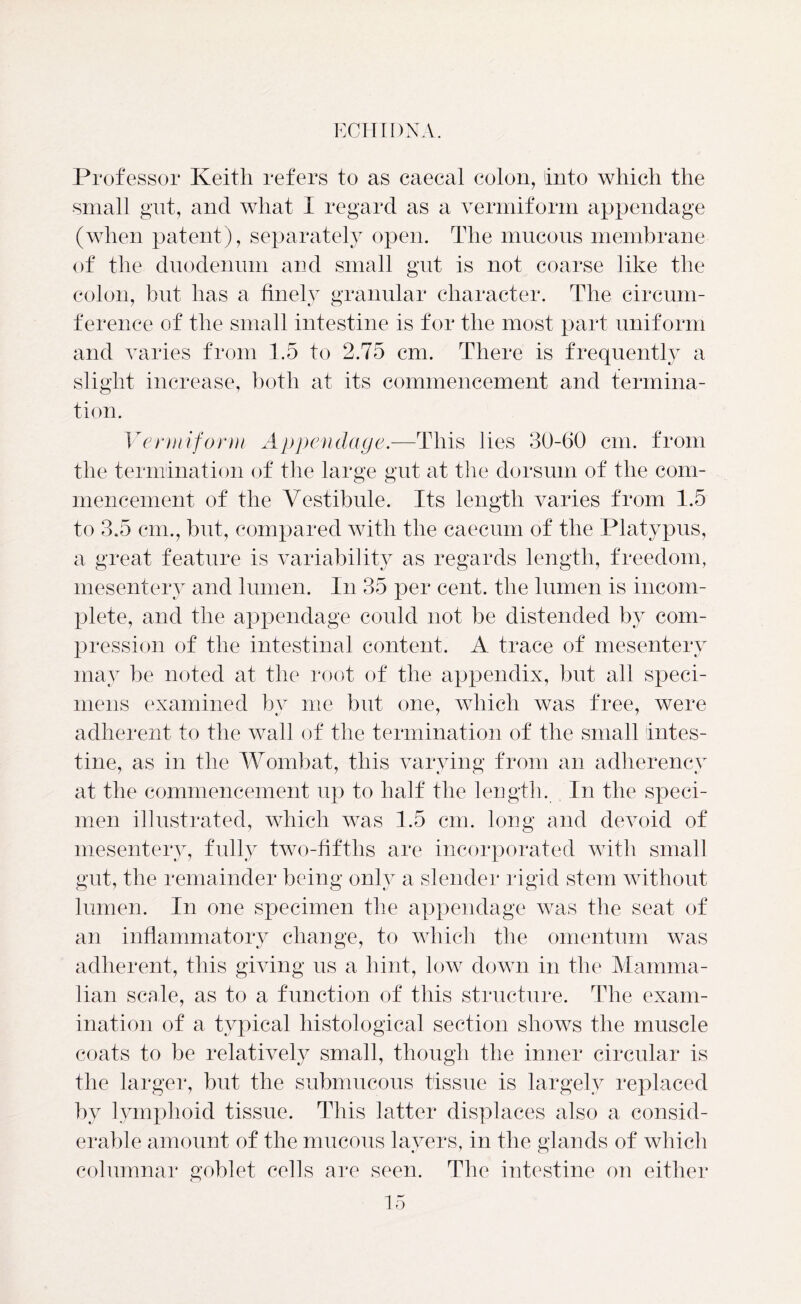 Professor Keith refers to as caecal colon, into which the small gut, and what I regard as a vermiform appendage (when patent), separately open. The mucous membrane of the duodenum and small gut is not coarse like the colon, but has a finely granular character. The circum- ference of the small intestine is for the most part uniform and varies from 1.5 to 2.75 cm. There is frequently a slight increase, both at its commencement and termina- tion. Vermiform Appendage.—This lies 30-60 cm. from the termination of the large gut at the dorsum of the com- mencement of the Vestibule. Its length varies from 1.5 to 3.5 cm., but, compared with the caecum of the Platypus, a great feature is variability as regards length, freedom, mesentery and lumen. In 35 per cent, the lumen is incom- plete, and the appendage could not be distended by com- pression of the intestinal content. A trace of mesentery may be noted at the root of the appendix, but all speci- mens examined by me but one, which was free, were adherent to the wall of the termination of the small intes- tine, as in the Wombat, this varying from an adlierency at the commencement up to half the length. In the speci- men illustrated, which was 1.5 cm. long and devoid of mesentery, fully two-fifths are incorporated with small gut, the remainder being only a slender rigid stem without lumen. In one specimen the appendage was the seat of an inflammatory change, to which the omentum was adherent, this giving us a hint, low down in the Mamma- lian scale, as to a function of this structure. The exam- ination of a typical histological section shows the muscle coats to be relatively small, though the inner circular is the larger, but the submucous tissue is largely replaced by lymphoid tissue. This latter displaces also a consid- erable amount of the mucous layers, in the glands of which columnar goblet cells are seen. The intestine on either