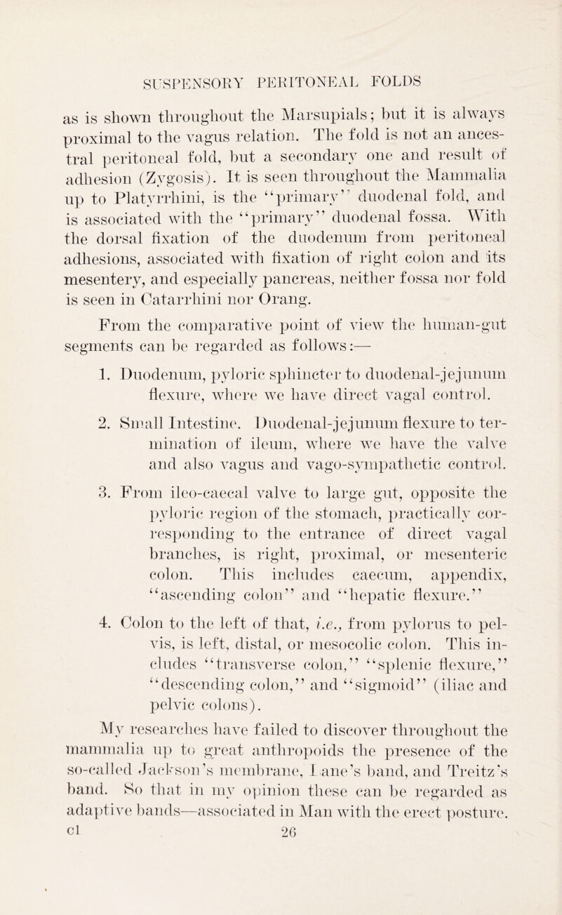 as is shown throughout the Marsupials; but it is always proximal to the vagus relation. The fold is not an ances- tral peritoneal fold, but a secondary one and result of adhesion (Zygosis). It is seen throughout the Mammalia up to Platyrrhini, is the “primary” duodenal fold, and is associated with the “primary” duodenal fossa. With the dorsal fixation of the duodenum from peritoneal adhesions, associated with fixation of right colon and its mesentery, and especially pancreas, neither fossa nor fold is seen in Catarrliini nor Orang. From the comparative point of view the human-gut segments can be regarded as follows:— 1. Duodenum, pyloric sphincter to duodenal-jejunum flexure, where we have direct vagal control. 2. Small Intestine. Duodenal-jejunum flexure to ter- mination of ileum, where we have the valve and also vagus and vago-sympathetic control. 3. From ileo-caecal valve to large gut, opposite the pyloric region of the stomach, practically cor- responding to the entrance of direct vagal branches, is right, proximal, or mesenteric colon. This includes caecum, appendix, “ascending colon” and “hepatic flexure.” 4. Colon to the left of that, i.e., from pylorus to pel- vis, is left, distal, or mesocolic colon. This in- cludes “transverse colon,” “splenic flexure,” 44 descending colon,’’ and 44sigmoid7’ (iliac and pelvic colons). My researches have failed to discover throughout the mammalia up to great anthropoids the presence of the so-ca Jackson’s membrane, Lane’s band, and Treitz’s band. So that in my opinion these can be regarded as adaptive bands—associated in Man with the erect posture,