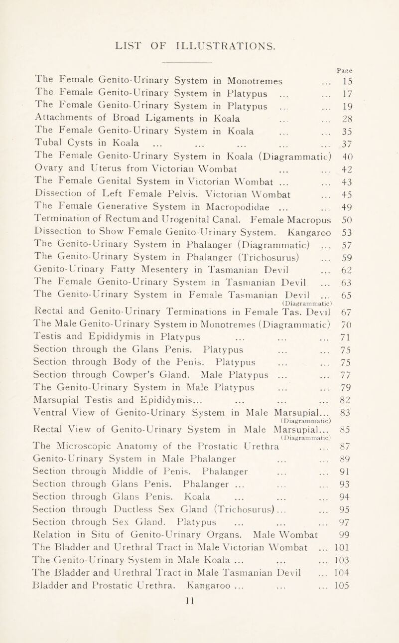 LIST OF ILLUSTRATIONS. Page The Female Gemto-Urinary System in Monotremes ... 15 The Female Genito-Urinary System in Platypus ... ... 17 The Female Genito-Urinary System in Platypus ... ... 19 Attachments of Broad Ligaments in Koala ... ... 28 The Female Genito-Urinary System in Koala ... ... 35 Tubal Cysts in Koala ... ... ... ... ... 37 1 he Female Genito-Urinary System in Koala (Diagrammatic) 40 Ovary and Uterus from Victorian Wombat ... ... 42 The Female Genital System in Victorian Wombat ... ... 43 Dissection of Left Female Pelvis. Victorian Wombat ... 45 The P emale Generative System in Macropodidae ... ... 49 I ermination of Rectum and Urogenital Canal. Female Macropus 50 Dissection to Show Female Genito-Urinary System. Kangaroo 53 I he Genito-Urinary System in Phalanger (Diagrammatic) ... 57 The Genito-Urinary System in Phalanger (Trichosurus) ... 59 Genito-Urinary Fatty Mesentery in Tasmanian Devil ... 62 1 he Female Genito-Urinary System in Tasmanian Devil ... 63 1 he Genito-Urinary System in Female Tasmanian Devil ... 65 (Diagrammatic) Rectal and Genito-Urinary Terminations in Female Tas. Devil 67 I he Male Genito-Urinary System in Monotremes (Diagrammatic) 70 Testis and Epididymis in Platypus ... ... ... 71 Section through the Gians Penis. Platypus ... ... 75 Section through Body of the Penis. Platypus ... ... 75 Section through Cowper’s Gland. Male Platypus ... ... 77 The Genito-Urinary System in Male Platypus ... ... 79 Marsupial Testis and Epididymis... ... ... ... 82 Ventral View of Genito-Urinary System in Male Marsupial... 83 (Diagrammatic) Rectal View of Genito-Urinary System in Male Marsupial... 85 (Diagrammatic) The Microscopic Anatomy of the Prostatic Urethra ... 87 Genito-Urinary System in Male Phalanger ... ... 89 Section through Middle of Penis. Phalanger ... ... 91 Section through Gians Penis. Phalanger ... ... ... 93 Section through Gians Penis. Koala ... ... ... 94 Section through Ductless Sex Gland (Trichosurus)... ... 95 Section through Sex Gland. Platypus ... ... ... 97 Relation in Situ of Genito-Urinary Organs. Male Wombat 99 The Bladder and Urethral Tract in Male Victorian Wombat ... 101 The Genito-Urinary System in Male Koala ... ... ... 103 The Bladder and Urethral Tract in Male Tasmanian Devil ... 104 Bladder and Prostatic Urethra. Kangaroo ... ... ... 105