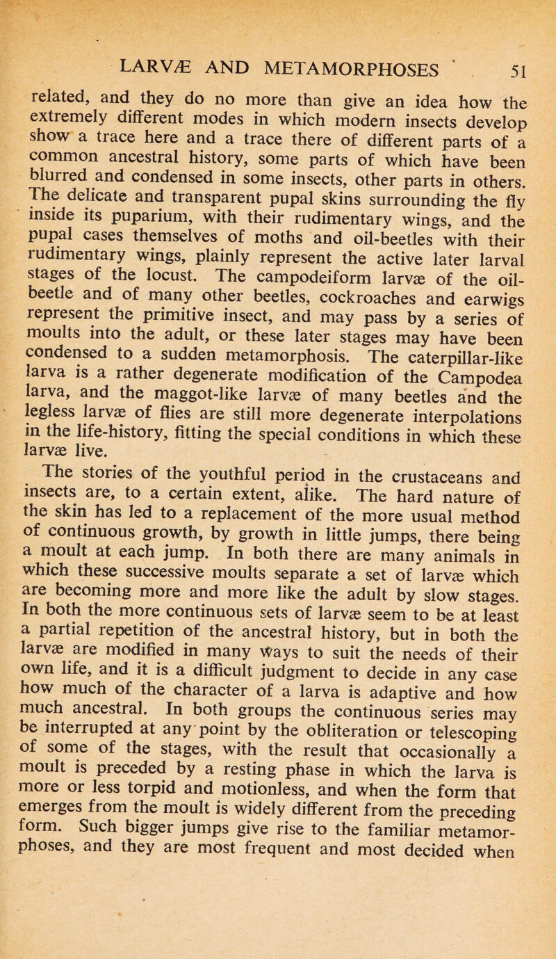 related, and they do no more than give an idea how the extremely different modes in which modern insects develop show a trace here and a trace there of different parts of a common ancestral history, some parts of which have been blurred and condensed in some insects, other parts in others. The delicate and transparent pupal skins surrounding the fly inside its puparium, with their rudimentary wings, and the pupal cases themselves of moths and oil-beetles with their rudimentary wings, plainly represent the active later larval stages of the locust. The campodeiform larvae of the oil- beetle and of many other beetles, cockroaches and earwigs represent the primitive insect, and may pass by a series of moults into the adult, or these later stages may have been condensed to a sudden metamorphosis. The caterpillar-like larva is a rather degenerate modification of the Campodea larva, and the maggot-like larvae of many beetles and the legless larv^ of flies are still more degenerate interpolations in the life-history, fitting the special conditions in which these larvae live. The stories of the youthful period in the crustaceans and insects are, to a certain extent, alike. The hard nature of the skin has led to a replacement of the more usual method of continuous growth, by growth in little jumps, there being a moult at each jump. In both there are many animals in which these successive moults separate a set of laroe which are becoming more and more like the adult by slow stages. In both the more continuous sets of larvae seem to be at least a partial repetition of the ancestral history, but in both the larva are modified in many Ways to suit the needs of their own life, and it is a difficult judgment to decide in any case how much of the character of a larva is adaptive and how much ancestral. In both groups the continuous series may be interrupted at any point by the obliteration or telescoping of some of the stages, with the result that occasionally a moult is preceded by a resting phase in which the larva is more or less torpid and motionless, and when the form that emerges from the moult is widely different from the preceding form. Such bigger jumps give rise to the familiar metamor* phoses, and they are most frequent and most decided when