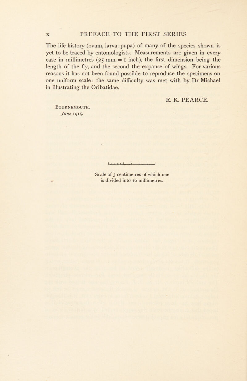 The life history (ovum, larva, pupa) of many of the species shown is yet to be traced by entomologists. Measurements are given in every case in millimetres (25 mm. = 1 inch), the first dimension being the length of the fly, and the second the expanse of wings. For various reasons it has not been found possible to reproduce the specimens on one uniform scale: the same difficulty was met with by Dr Michael in illustrating the Oribatidae. Bournemouth. June 1915. E. K. PEARCE. ! ' ' 1 ■ I ' ! ■ » I ' 1 1 I Scale of 3 centimetres of which one is divided into 10 millimetres.