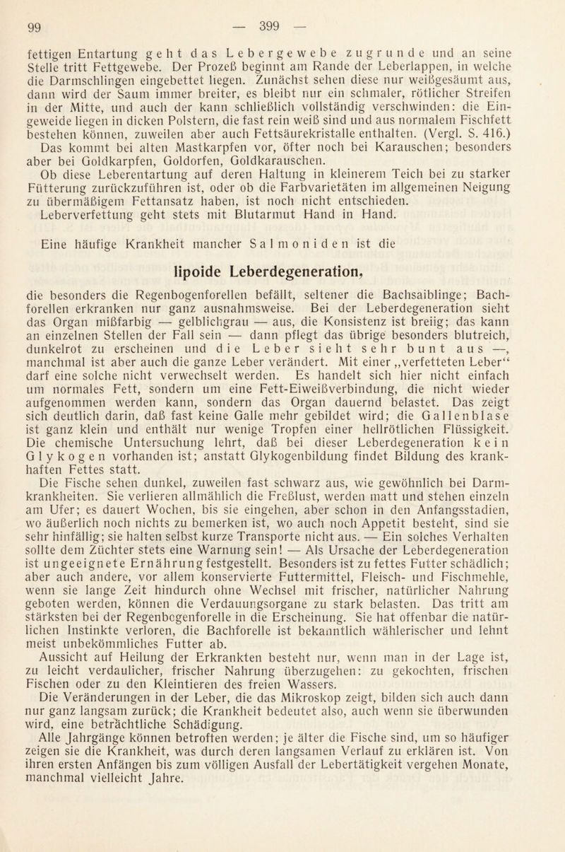 fettigen Entartung geht das Leber gewebe zugrunde und an seine Stelle tritt Fettgewebe. Der ProzeB beginnt am Rande der Leberlappen, in welche die Darmschlingen eingebettet liegen. Zunachst sehen diese nur weiBgesaumt a us, dann wird der Saum immer breiter, es bleibt nur ein schmaler, rotlicher Streifen in der Mitte, und auch der kann schlieBlich vollstandig verschwinden: die Ein- geweide liegen in dicken Polstern, die fast rein weiB sind und aus normalem Fischfett bestehen konnen, zuweilen aber auch Fettsaurekristalle enthalten. (Vergl. S. 416.) Das kommt bei alten Mastkarpfen vor, ofter noch bei Karauschen; besonders aber bei Goldkarpfen, Goldorfen, Goldkarauschen. Ob diese Leberentartung auf deren Haltung in kleinerem Teich bei zu starker Fiitterung zuriickzufuhren ist, Oder ob die Farbvarietaten im allgemeinen Neigung zu ubermaBigem Fettansatz haben, ist noch nicht entschieden. Leberverfettung geht stets mit Blutarmut Hand in Hand. Eine haufige Krankheit mancher Salmoniden ist die lipoide Leberdegeneration, die besonders die Regenbogenforellen befallt, seltener die Bachsaiblinge; Bach- forellen erkranken nur ganz ausnahmsweise. Bei der Leberdegeneration sieht das Organ miBfarbig — gelblichgrau — aus, die Konsistenz ist breiig; das kann an einzelnen Stellen der Fall sein — dann pflegt das tibrige besonders blutreich, dunkelrot zu erscheinen und die Leber sieht sehr bunt aus —, manchmal ist aber auch die ganze Leber verandert. Mit einer „verfetteten Leber“ dart eine solche nicht verwechselt werden. Es handelt sich hier nicht einfach um normales Fett, sondern um eine Fett-EiweiBverbindung, die nicht wieder aufgenommen werden kann, sondern das Organ dauernd belastet. Das zeigt sich deutlich darin, daB fast keine Galle mehr gebildet wird; die Gallenblase ist ganz klein und enthalt nur wenige Tropfen einer hellrotlichen Fliissigkeit. Die chemische Untersuchung lehrt, daB bei dieser Leberdegeneration k e i n G 1 y k o g e n vorhanden ist; anstatt Glykogenbildung findet Bildung des krank- haften Fettes statt. Die Fische sehen dunkel, zuweilen fast schwarz aus, wie gewohnlich bei Darm- krankheiten. Sie verlieren allmahlich die FreBlust, werden matt und stehen einzeln am Ufer; es dauert Wochen, bis sie eingehen, aber schon in den Anfangsstadien, wo auBerlich noch nichts zu bemerken ist, wo auch noch Appetit besteht, sind sie sehr hinfallig; sie halten selbst kurze Transporte nicht aus. — Ein solches Verhalten sollte dem Ziichter stets eine Warnung sein! — Als Ursache der Leberdegeneration ist ungeeignete Email rung festgestellt. Besonders ist zu fettes Futter schadlich; aber auch andere, vor allem konservierte Futtermittel, Fleisch- und Fischmehle, wenn sie lange Zeit hindurch ohne Wechsel mit frischer, natiirlicher Nahrung geboten werden, konnen die Verdauungsorgane zu stark belasten. Das tritt am starksten bei der Regenbogenforelle in die Erscheinung. Sie hat offenbar die nattir- lichen Instinkte verloren, die Bachforelle ist bekanntlich wahlerischer und lehnt meist unbekommliches Futter ab. Aussicht auf Heilung der Erkrankten besteht nur, wenn man in der Lage ist, zu leicht verdaulicher, frischer Nahrung iiberzugehen: zu gekochten, frischen Fischen oder zu den Kleintieren des freien Wassers. Die Veranderungen in der Leber, die das Mikroskop zeigt, bilden sich auch dann nur ganz langsam zuruck; die Krankheit bedeutet also, auch wenn sie liberwunden wird, eine betrachtliche Schadigung. Alle Jahrgange konnen betroften werden; je alter die Fische sind, um so haufiger zeigen sie die Krankheit, was durch deren langsamen Verlauf zu erklaren ist. Von ihren ersten Anfangen bis zum volligen Ausfall der Lebertatigkeit vergehen Monate, manchmal vielleicht Jahre.