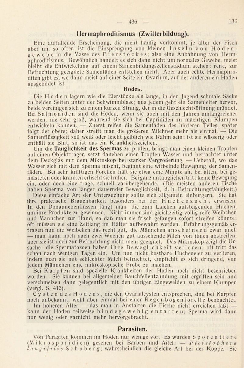Hermaphroditismus (Zwitterbildnng). Eine auffallende Erscheinung, die nicht haufig vorkommt, je alter der Fisch aber um so otter, ist die Einsprengung von kleinen Inseln von Hoden- g e w e b e in die Masse des Eierstockes; also eine Anbahnung von Herm¬ aphroditismus. Gewohnlich handelt es sich dann nicht um normales Gewebe, meist bleibt die Entwickelung auf einem Samenbildungszellenstadium stehen; reife, zur Befruchtung geeignete Samenfaden entstehen nicht. Aber auch echte Hermaphro- diten gibt es, wo dann meist auf einer Seite ein Ovarium, auf der anderen ein Hoden ausgebildet ist. Hoden. Die Hoden lagern wie die Eierstocke als lange, in der jugend schmale Sacke zu beiden Seiten unter der Schwimmblase; aus jedem geht ein Samenleiter hervor, beide vereinigen sich zu einem kurzen Strang, der in die Geschlechtsoffnung mundet. Bei Salmoniden sind die Hoden, wenn sie auch mit den Jahren umfangreicher werden, nie sehr groB, wahrend sie sich bei Cypriniden zu machtigen Klumpen entwickeln konnen. — Zuerst reifen die Samenfaden des hinteren Teiles, spater folgt der obere; daher streift man die groBeren Milchner mehr als einmal. — Die Samenflussigkeit soli weiB oder leicht gelblich wie Rahm sein; ist sie wasserig oder enthalt sie Blut, so ist das ein Krankheitszeichen. Um die Tauglichkeit des Spermas zu prufen, bringt man einen kleinen Tropfen auf einen Objekttrager, setzt daneben einen Tropfen Wasser und betrachtet unter dem Deckglas mit dem Mikroskop bei starker VergroBerung. — Ueberall, wo das Wasser sich mit dem Sperma mischt, beginnt eine wirbelnde Bewegung der Samen¬ faden. Bei sehr kraftigen Forellen halt sie etwa eine Minute an, bei alten, bei ge- masteten oder kranken erlischt siefruher. Bei ganz untauglichen tritt keine Bewegung ein, oder doch eine trage, schnell vortibergehende. (Die meisten anderen Fische haben Sperma von langer dauernder Beweglichkeit, d. h. Befruchtungsfahigkeit.) Diese einfache Art der Untersuchung sollte sich allgemein einburgern. Sie hat lhre praktische Brauchbarkeit besonders bei der Huchenzucht erwiesen. In den Donaunebenfliissen fangt man die zum Laichen aufsteigenden Huchen, um ihre Produkte zu gewinnen. Nicht immer sind gleichzeitig vollig reife Weibchen und Mannchen zur Hand, so daB man sie frisch gefangen sofort streifen konnte; oft miissen sie eine Zeitlang im Halter aufbewahrt werden. ErfahrungsgemaB er- tragen nun die Weibchen das recht gut, die Mannchen anscheinend zwar auch — man kann noch nach zwei Wochen gut aussehende Milch von ihnen abstreifen, aber sie ist doch zur Befruchtung nicht mehr geeignet. Das Mikroskop zeigt die Ur- sache: die Spermatozoen haben ihre Beweglichkeit verloren; oft tritt das schon nach wenigen Tagen ein. Um nun nicht kostbare Hucheneier zu verlieren, indem man sie mit schlechter Milch befruchtet, empfiehlt es sich dringend, von jedem Mannchen eine mikroskopische Probe zu machen. Bei Karp fen sind spezielle Krankheiten der Hoden noch nicht beschrieben worden. Sie konnen bei allgemeiner Bauchfellentzundung mit ergriffen sein und verschmelzen dann gelegentlich mit den iibrigen Eingeweiden zu einem Klumpen (vergl. S. 413). CystendesHodens,die den Ovarialcysten entsprechen, sind bei Karpfen noch unbekannt, wohl aber einmal bei einer Regenbogenforelle beobachtet. Im hoheren Alter — das man in Anstalten die Fische nicht erreichen laBt — kann der Hoden teilweise bindegewebig entarten; Sperma wird dann nur wenig oder garnicht mehr hervorgebracht. Parasiten. Von Parasiten kommen im Hoden nur wenige vor. Es wurden Sporentiere (Mikrosporidien) gesehen bei Barben und Aitel: — Pleistofthora Ion gif Hi s Sell u berg; wahrscheinlich die gleiche Art bei der Koppe. Sie