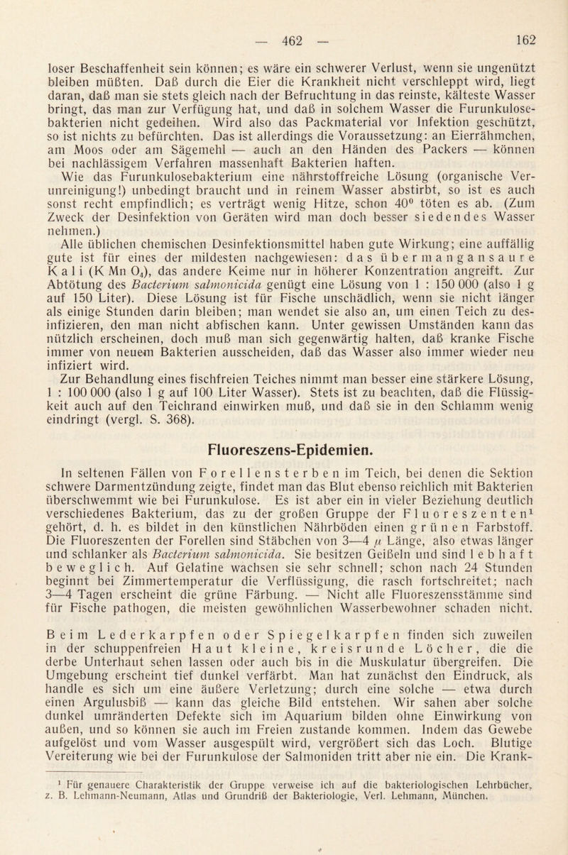 loser Beschaffenheit sein konnen; es ware ein schwerer Verlust, wenn sie ungeniitzt bleiben muBten. DaB durch die Eier die Krankheit nicht verschleppt wird, liegt daran, daB man sie stets gleich nach der Befruchtung in das reinste, kalteste Wasser bringt, das man zur Verfiigung hat, und daB in solchem Wasser die Furunkulose- bakterien nicht gedeihen. Wird also das Packmaterial vor Infektion geschutzt, so ist nichts zu befiirchten. Das ist allerdings die Voraussetzung: an Eierrahmchen, am Moos oder am Sagemehl — auch an den Handen des Packers — konnen bei nachlassigem Verfahren massenhaft Bakterien haften. Wie das Furunkulosebakterium eine nahrstoffreiche Losung (organische Ver- unreinigung!) unbedingt braucht und in reinem Wasser abstirbt, so ist es auch sonst recht empfindlich; es vertragt wenig Hitze, schon 40° toten es ab. (Zum Zweck der Desinfektion von Geraten wird man doch besser siedendes Wasser nehmen.) Alle ublichen chemischen Desinfektionsmittel haben gute Wirkung; eine auffallig gute ist fur eines der mildesten nachgewiesen: das ubermangansaure Kali (K Mn 04), das andere Keime nur in hoherer Konzentration angreift. Zur Abtotung des Bacterium salmonicida genugt eine Losung von 1 : 150 000 (also 1 g auf 150 Liter). Diese Losung ist fur Fische unschadlich, wenn sie nicht ianger als einige Stunden darin bleiben; man wendet sie also an, um einen Teich zu des- infizieren, den man nicht abfischen kann. Unter gewissen Umstanden kann das nutzlich erscheinen, doch muB man sich gegenwartig halten, daB kranke Fische immer von neuem Bakterien ausscheiden, daB das Wasser also iinmer wieder neu infiziert wird. Zur Behandlung eines fischfreien Teiches nimmt man besser eine starkere Losung, 1 : 100 000 (also 1 g auf 100 Liter Wasser). Stets ist zu beachten, daB die Fliissig- keit auch auf den Teichrand einwirken muB, und daB sie in den Schlamm wenig eindringt (vergl. S. 368). Fluoreszens-Epidemien. In seltenen Fallen von Forellensterben im Teich, bei denen die Sektion schwere Darmentztindung zeigte, findet man das Blut ebenso reichlich mit Bakterien iiberschwemmt wie bei Furunkulose. Es ist aber ein in vieler Beziehung deutlich verschiedenes Bakterium, das zu der groBen Gruppe der Fluoreszenten1 gehort, d. h. es bildet in den kunstlichen Nahrboden einen g r it n e n Farbstoff. Die Fluoreszenten der Forellen sind Stabchen von 3—4 /a Lange, also etwas Ianger und schlanker als Bacterium salmonicida. Sie besitzen GeiBeln und sind 1 e b h a f t b e w e g 1 i c h. Auf Gelatine wachsen sie sehr schnell; schon nach 24 Stunden beginnt bei Zimmertemperatur die Verfliissigung, die rasch fortschreitet.; nach 3—4 Tagen erscheint die griine Farbung. — Nicht alle Fluoreszensstamme sind fur Fische pathogen, die meisten gewohnlichen Wasserbewohner schaden nicht. Beim Lederkarpfen oder Spiegelkarpfen finden sich zuweilen in der schuppenfreien H a u t k 1 e i n e , kreisrunde L o c h e r , die die derbe Unterhaut sehen lassen oder auch bis in die Muskulatur ubergreifen. Die Umgebung erscheint tief dunkel verfarbt. Man hat zunachst den Eindruck, als handle es sich um eine auBere Verletzung; durch eine solche — etwa durch einen ArgulusbiB — kann das gleiche Bild entstehen. Wir sahen aber solche dunkel umranderten Defekte sich im Aquarium bilden ohne Einwirkung von auBen, und so konnen sie auch im Freien zustande kommen. Indem das Gewebe aufgelost und vom Wasser ausgespiilt wird, vergroBert sich das Loch. Blutige Vereiterung wie bei der Furunkulose der Salmoniden tritt aber nie ein. Die Krank- 1 Fur genauere Charakteristik der Gruppe verweise ich auf die bakteriologischen Lehrbiicher, z. B. Lehmann-Neumann, Atlas und Grundrifi der Bakteriologie, Verl. Lehmann, Miinchen. *