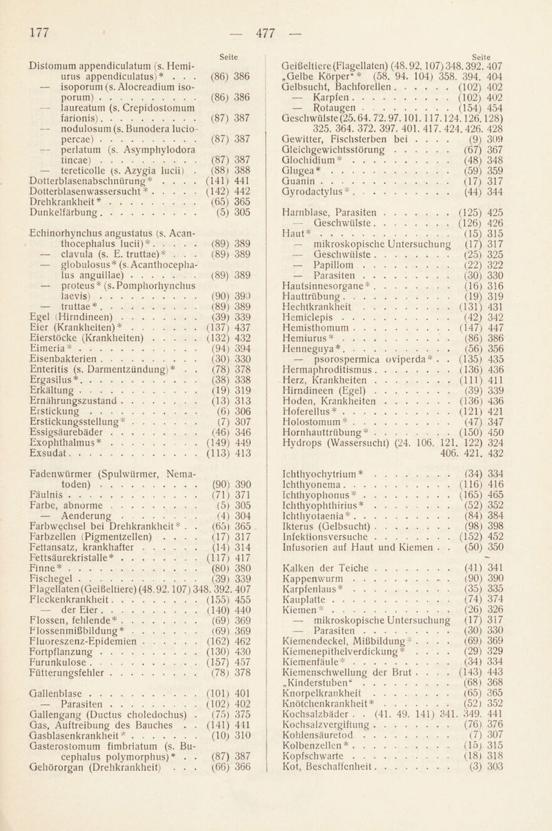 Seite Distomum appendiculatum (s. Hemi- urus appendiculatus) * . . . (86) 386 — isoporum (s. Alocreadium iso- porum). (86) 386 — laureatum (s. Crepidostomum farionis).. (87) 387 — nodulosum (s. Bunodera lucio- percae). (87) 387 — perlatum (s. Asymphylodora tincae). (87) 387 — tereticolle (s. Azygia lucii) . (88) 388 Dotterblasenabschniirung* .... (141) 441 Dotterblasenwassersucht *.(142) 442 Drehkrankheit *. (65) 365 Dunkelfarbung .. (5) 305 Echinorhynchus angustatus (s. Acan- thocephalus lucii) *. (89) 389 — clavula (s. E. truttae) * . . . (89) 389 — globulosus* (s. Acanthocepha- lus anguillae). (89) 389 — proteus * (s. Pomphorhynchus laevis). (90) 390 — truttae*.. (89) 389 Egel (Hirndineen). (39) 339 Eier (Krankheiten) *.(137) 437 Eierstocke (Krankheiten).(132) 432 Eimeria *. (94) 394 Eisenbakterien. (30) 330 Enteritis (s. Darmentziindung) * . . (78) 378 Ergasilus*. (38) 338 Erkaltung. (19) 319 Ernahrungszustand. (13) 313 Erstickung. (6) 306 Erstickungsstellung*. (7) 307 Essigsaurebader. (46) 346 Exophthalmus*.(149) 449 Exsudat.(113) 413 Seite GeiBeltiere(Flagellaten) (48.92.107)348.392. 407 „Gelbe Kdrper“ * (58. 94. 104) 358. 394. 404 Gelbsucht, Bachforellen ..(102) 402 — Karpfen.(102) 402 — Rotaugen.. . (154) 454 Geschwiilste (25.64. 72.97.101.117.124.126.128) 325. 364. 372. 397. 401. 417. 424. 426. 428 Gewitter, Fischsterben bei .... (9) 309 Gleichgewichtsstorung. (67) 367 Glochidium*. (48) 348 Glugea*. (59) 359 Guanin. (17) 317 Gyro dactyl us* .. (44) 344 Harnblase, Parasiten.(125) 425 — Geschwiilste.(126) 426 Haut*. (15) 315 — mikroskopische Untersuchung (17)317 — Geschwiilste. (25) 325 — Papillom. (22) 322 — Parasiten .. (30) 330 Hautsinnesorgane* .. (16) 316 Hauttriibung. (19) 319 Hechtkrankheit.(131) 431 Hemiclepis. (42) 342 Hemisthomum.(147) 447 Hemiurus*. (86) 386 Henneguya * .. (56) 356 — psorospermica oviperda* . . (135) 435 Hermaphroditisrnus.(136) 436 Herz, Krankheiten.(Ill) 411 Hirndineen (Egel). (39) 339 Hoden, Krankheiten ....... (136) 436 Hoferellus*.(121) 421 Holostomum*. (47) 347 Hornhauttriibung*.(150) 450 Hydrops (Wassersucht) (24. 106. 121. 122) 324 406. 421. 432 Fadenwiirmer (Spulwiirmer, Nema- toden) .. (90) 390 Faulnis. (71) 371 Farbe, abnorme. (5) 305 — Aenderung. (4) 304 Farbwechsel bei Drehkrankheit* . . (65) 365 Farbzellen (Pigmentzellen) .... (17) 317 Fettansatz, krankhafter. (14) 314 Fettsaurekristalle*.(117) 417 Finne*. (80) 380 Fischegel. (39) 339 Flagellaten(GeiBeltiere) (48.92.107) 348. 392. 407 Fleckenkrankheit.(155) 455 —- der Eier.(140) 440 Flossen, fehlende*. (69) 369 FlossenmiBbildung*. (69) 369 Fluoreszenz-Epidemien.(162) 462 Fortpflanzung.. . (130) 430 Furunkulose.(157) 457 Fiitterungsfehler. (78) 378 Gallenblase.(101) 401 — Parasiten.(102) 402 Gallengang (Ductus choledochus) . (75) 375 Gas, Auftreibung des Bauches . . (141) 441 Gasblasenkrankheit *. (10) 310 Gasterostomum fimbriatum (s. Bu¬ cephalus polymorphus) * . . (87) 387 Gehororgan (Drehkrankheit) . . . (66) 366 Ichthyochytrium *. (34) 334 Ichthyonema.(116) 416 Ichthyophonus *.(165) 465 Ichthyophthirius*. (52) 352 Ichthyotaenia*. (84) 384 Ikterus (Gelbsucht). (98) 398 Infektionsversuche.(152) 452 Infusorien auf Haut und Kiemen . . (50) 350 Kalken der Teiche. (41) 341 Kappenwurm. (90) 390 Karpfenlaus*. (35) 335 Kauplatte. (74) 374 Kiemen*. (26) 326 — mikroskopische Untersuchung (17) 317 — Parasiten. (30) 330 Kiemendeckel, Mifibildung* .... (69) 369 Kiemenepithelverdickung * .... (29) 329 Kiemenfaule* .. (34) 334 Kiemenschwellung der Brut .... (143) 443 „Kinderstuben“. (68) 368 Knorpelkrankheit. (65) 365 Knotchenkrankheit*. (52) 352 Kochsalzbader . . (41. 49. 141) 341. 349. 441 Kochsalzvergiftung. (76) 376 Kohlensauretod. (7) 307 Kolbenzellen *. (15) 315 Kopfschwarte. (18) 318 Kot, Beschaffenheit. (3) 303