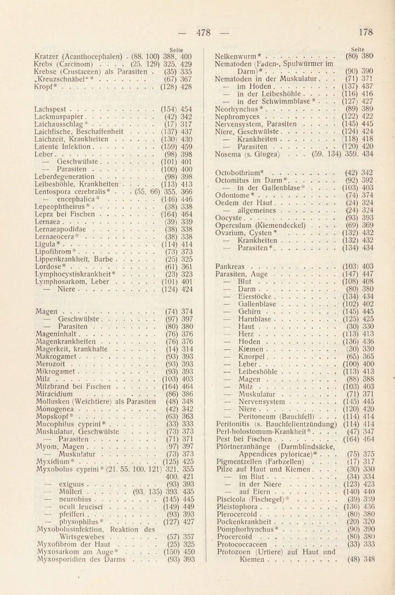 Seite Kratzer (Acanthocephalen) . (88. 100) 388. 400 Krebs (Carcinom) .... (25. 129) 325. 429 Krebse (Crustaceen) als Parasiten . (35) 335 „Kreuzschnabel“ *.. (67) 367 Kropf* . . ..(128) 428 Lachspest. Lackmuspapier. Laichausschlag*. Laichfische, Beschaffenheit Laichzeit, Krankheiten . . Latente Infektion. . . . . Leber. — Geschwlilste. . . . — Parasiten. Leberdegeneration . . . . Leibeshohle, Krankheiten . Lentospora cerebralis* . . — encephalica* . . . Lepeophtheirus *. Lepra bei Fischen . . . . Lernaea . . Lernaeapodidae. Lernaeocera*. Ligula*. Lipofibrom * . .. Lippenkrankheit, Barbe . . Lordose* . Lymphocystiskrankheit* . Lymphosarkom, Leber . . — Niere. . . . . (154) 454 • . . . (42) 342 • . . . (17) 317 • . . . (137) 437 . . . . (130) 430 • • • (159) 459 • . . . (98) 398 . . . . (101) 401 • . . . (100) 400 . . . . (98) 398 • . . . (113) 413 . (55. 66) 355. 366 • . . • (146) 446 . . . . (38) 338 . . . - (164) 464 . • . . (39) 339 • - . . (38) 338 • . . . (38) 338 • • . . (114) 414 . . . . (73) 373 . . . . (25) 325 . . . . (61) 361 . . . . (23) 323 . . . . (101) 401 . . . . (124) 424 Magen. (74) 374 — Geschwtilste.. (97) 397 — Parasiten. (80) 380 Mageninhalt. (76) 376 Magenkrankheiten. (76) 376 Magerkeit, krankhafte. (14) 314 Makrogamet. (93) 393 Merozoit. (93) 393 Mikrogamet.• . (93) 393 Milz.(103) 403 Milzbrand bei Fischen.(164) 464 Miracidium. (86) 386 Mollusken (Weichtiere) als Parasiten (48) 348 Monogenea. (42) 342 Mopskopf:i:. (63) 363 Mucophilus cyprini*.. . (33) 333 Muskulatur, Geschwlilste. (73) 373 — Parasiten. (71) 371 Myom, Magen. (97) 397 — Muskulatur. (73) 373 Myxidium*.(125) 425 Myxobolus cyprini * (21. 55. 100. 121) 321. 355 400. 421 — exiguus. (93) 393 Mulleri.(93. 135) 393. 435 — neurobius.(145) 445 — oculi leucisci.(149) 449 — pfeifferi. (93) 393 — physophilus *.(127) 427 Myxobolusinfektion, Reaktion des Wirtsgewebes. (57) 357 Myxofibrom der Haut. (25) 325 Myxosarkom am Auge* ..... (150) 450 Myxosporidien des Darms .... (93) 393 Nelkenwurm *. Nematoden (Faden-, Spulwurmer im Darm)*. Nematoden in der Muskulatur. . . — im Hoden .. — in der Leibeshohle. — in der Schwimmblase * . . . Neorhynchus *. Nephromyces. Nervensystem, Parasiten. Niere, Geschwlilste. — Krankheiten. _ Parasiten t # t .. Nosema (s. Glugea) . . . (59. 13z Octobothrium*. Octomitus im Darm*. — in der Gallenblase* . . . . Odontome*. Oedem der Haut. — allgemeines . .. Oocyste .. Operculum (Kiemendeckel) ... Ovarium, Cysten * . — Krankheiten. — Parasiten*. ........ Pankreas... Parasiten, Auge.. — Blut. — Darm. — Eierstocke .. — Gallenblase. — Gehirn. — Harnblase. — Haut. — Herz. — Hoden. — Kiemen. — Knorpel.. . . — Leber. — Leibeshohle. — Magen. — Milz. — Muskulatur. — Nervensystem. — Niere. — Peritoneum (Bauchfell) . . . Peritonitis (s. Bauchfellentziindung) Perl-holostomum-Krankheit*. . . . Pest bei Fischen .. Pfortneranhange (Darmblindsacke, Appendices pyloricae)* . . . Pigmentzellen (Farbzellen) . . Pilze auf Haut und Kiemen . . . . — im Blut. — in der Niere. — auf Eiern . Piscicola (Fischegel) *. Pleistophora .. Plerocercoid . Pockenkrankheit. Pomphorhynchus*. Procercoid . Protococcaceen . Protozoen (Urtiere) auf Haut und Kiemen. Seite (80) 380 (90) 390 (71) 371 (137) 437 (116) 416 (127) 427 (89) 389 (122) 422 (145) 445 (124) 424 (118) 418 (120) 420 359. 434 (42) 342 (92) 392 (103) 403 (74) 374 (24) 324 (24) 324 (93) 393 (69) 369 (132) 432 (132) 432 (134) 434 (103) 403 (147) 447 (108) 408 (80) 380 (134) 434 (102) 402 (145) 445 (125) 425 (30) 330 (113) 413 (136) 436 (30) 330 (65) 365 (100) 400 (113) 413 (88) 388 (103) 403 (71) 371 (145) 445 (120) 420 (114) 414 (114) 414 (47) 347 (164) 464 (75) 375 (17) 317 (30) 330 (34) 334 (123) 423 (140) 440 (39) 339 (136) 436 (80) 380 (20) 320 (90) 390 (80) 380 (33) 333 (48) 348