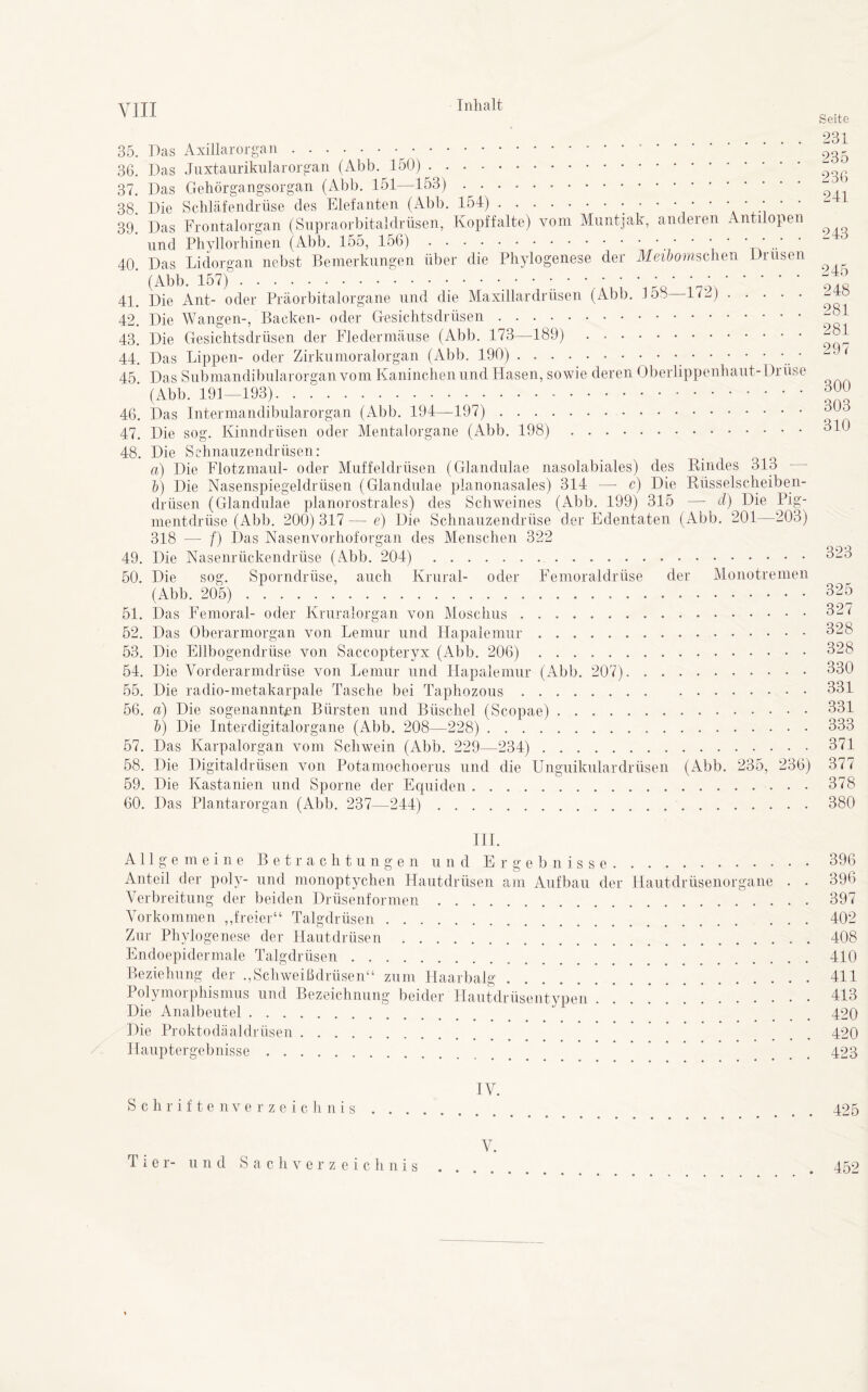 VIII Seite 931 35. Das Axillarorgan ’ ' ' ‘ ° 935 36. Das Juxtaurikularorgan (Abb. 150) ~ 37. Das Gehörgangsorgan (Abb. 151—153) 3 38. Die Schläfendrüse des Elefanten (Abb. 154) •••••••••••••*•••• 39. Das Frontalorgan (Supraorbitaldrüsen, Kopffalte) vom Muntjak, anderen Antilopen ^ und Phyllorhinen (Abb. 155, 156) • • • * • ' ‘ 40 Das Lidorgan nebst Bemerkungen über die Phylogenese der Meibomschen Drusen (Abb. 157) ••;••••••••• ZVi 41. Die Ant- oder Präorbitalorgane und die Maxillardrüsen (Abb. 158 17_) . 42. Die Wangen-, Backen- oder Gesichtsdrüsen 43. Die Gesichtsdrüsen der Fledermäuse (Abb. 173—189) . 44. Das Lippen- oder Zirkumoralorgan (Abb. 190) • 45 Das Submandibularorgan vom Kaninchen und Hasen, sowie deren Oberlippenhaut- i )rüse ' (Abb. 191-193). . r . 46. Das Intermandibularorgan (Abb. 194—197) 47. Die sog. Kinndrüsen oder Mentalorgane (Abb. 198) 310 48. Die Schnauzendrüsen: a) Die Flotzmaul- oder Muffeldrüsen (Glandulae nasolabiales) des Rindes 313 b) Die Nasenspiegeldrüsen (Glandulae planonasales) 314 —- c) Die Rüsselscheiben- drüsen (Glandulae planorostrales) des Schweines (Abb. 199) 315 —- d) Die Pig- mentdrüse (Abb. 200) 317 — e) Die Schnauzendrüse der Edentaten (Abb. 201—203) 318 —- f) Das Nasenvorhoforgan des Menschen 322 49. Die Nasenrückendrüse (Abb. 204) 323 50. Die sog. Sporndrüse, auch Krural- oder Femoraldrüse der Monotremen (Abb. 205) 325 51. Das Femoral- oder Kruralorgan von Moschus 327 52. Das Oberarmorgan von Lemur und Hapalemur 328 53. Die Ellbogendrüse von Saccopteryx (Abb. 206) 328 54. Die Vorderarmdrüse von Lemur und Hapalemur (Abb. 207) 330 55. Die radio-metakarpale Tasche bei Taphozous 331 56. a) Die sogenannten Bürsten und Büschel (Scopae) 331 b) Die Interdigitalorgane (Abb. 208—228) 333 57. Das Karpalorgan vom Schwein (Abb. 229—234) 371 58. Die Digitaldrüsen von Potamochoerus und die Unguikulardrüsen (Abb. 235, 236) 377 59. Die Kastanien und Sporne der Equiden 378 60. Das Plantarorgan (Abb. 237—244) 380 III. Allgemeine Betrachtungen und Ergebnisse • • 396 Anteil der poly- und monoptychen Hautdrüsen am Aufbau der Hautdrüsenorgane . . 396 Verbreitung der beiden Drüsenformen 397 Vorkommen „freier“ Talgdrüsen 402 Zur Phylogenese der Hautdrüsen 408 Endoepidermale Talgdrüsen 410 Beziehung der „Schweißdrüsen“ zum Haarbalg 411 Polymorphismus und Bezeichnung beider Hautdrüsentypen 413 Die Analbeutel ' .... 420 Die Proktodäaldrüsen .... 420 Hauptergebnisse * .... 423 IV. Schriftenverzeichnis .... 425 V. Tier- u n d Sachverzeichnis . 452