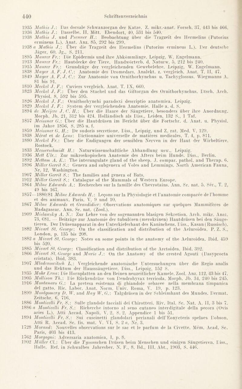 1935 Mathis J.: Das dorsale Schwanzorgan der Katze. Z. mikr.-anat. Forsch. 37, 443 bis 466. 1936 Mathis J.: Dasselbe. II. Mitt. Ebendort, 40, 531 bis 540. 1938 Mathis J. und Psenner II.: Beobachtung über die Tragzeit des Hermelins (Putorius ermineus L.). Anat. Anz. 85, 292 bis 299. 1938 a Mathis J.: Über die Tragzeit des Hermelins (Putorius ermineus L.). Der deutsche Jäger, 60. Jg., S. 211. 1895 Maurer Fr.: Die Epidermis und ihre Abkömmlinge. Leipzig, W. Engelmann. 1913 Maurer Fr.: Hautdecke der Tiere. Handwörterb. d. Naturw. 5, 212 bis 240. 1915 Maurer Fr.: Grundzüge der vergleichenden Gewebelehre. Leipzig, W. Engelmann. 1838 Mayer A. F. J. C.: Anatomie des Dromedars. Analekt. z. vergleich. Anat. T. II, 47. 1849 Mayer A. F. J. C.: Zur Anatomie von Ornithorhynclius u. Tachyglossus. Wiegmanns A. 81 bis 91. 1810 Meckel J. F.: Cuviers vergleich. Anat. T. IX, 660. 1823 Meckel J. F.: Über den Stachel und das Giftorgan des Ornithorhynclius. Dtsch. Arch. Physiol. 8, 592 bis 595. 1826 Meckel J. F.: Ornithorhynchi paradoxi descriptio anatomica. Leipzig. 1829 Meckel J. F.: System der vergleichenden Anatomie. Halle a. cl. S. 1894 de Meijere J. C. II.: Über die Haare der Säugetiere, besonders über ihre Anordnung. Morph. Jb. 21, 312 bis 424. Holländisch als Diss., Leiden, 132 S., 1 Taf. 1857 Meissner G.: Über die Hautdrüsen im Bericht über die Fortschr. d. xUnat. u. Physiol. im Jahre 1856, S. 285 u. f. 1859 Meissner G. II.: De sudoris secretione. Diss., Leipzig, und Z. rat. Med. V, 129. 1838 Merat et de Lens: Dictionnaire universelle de matieres medicales, T. 4, p. 811. 1880 Merkel Fr.: Über die Endigungen der sensiblen Nerven in der Haut der Wirbeltiere. Kostock. 1833 Messerschmidt II.: Naturwissenschaftliche Abhandlung usw., Leipzig. 1936 Mett Ulr.: Zur mikroskopischen Anatomie des Afters beim Hunde. Diss., Berlin. 1892 Alettam A. E.: The interungulate gland of the sheep. J. cornpar. pathol. and Tlierap. 6. 1896 AI Hier Gerrit S.: Genera and subgenera of Voles and Lemmings. North American Fauna, Nr. 12, Washington. 1907 Aliller Gerrit S.: The fanrilies and genera of Bats. 1912 Aliller Gerrit S.: Catalogue of the Mammals of Western Europe. 1864 Alilne Edwards A.: Recherches sur la famille des Chevrotains. Ann. Sc. nat. 5. Ser., T. 2, 49 bis 167. 1857 1867 1909 1882 1882 1885 1866 1907 1935 1905 1916 1899 1886 1886 1894 1728 1762 1902 —1880/81 Milne Edwards 11.: Lecons sur la Physiologie et l’anatomie comparee de Phomme et des animaux. Paris. V. 9 und 10. Alilne Edwards et Grandidier: Observations anatomiques sur quelques Mammiferes de Madagascar. Ann. Sc. nat. (ZooL). Mislawsky A. N.: Zur Lehre von der sogenannten blasigen Sekretion. Arcli. mikr. Anat. 73, 681. — Beiträge zur Anatomie der tubulösen (merokrinen) Hautdrüsen bei den Säuge- tieren. Der Drüsenapparat in der Unterkieferhaut des Kaninchens. Diss., Kasan (Russisch). Alivart St. George: On the Classification and distribution of the Aeluroidea. P. Z. S., London, p. 135 bis 208. a Alivart St. George: Notes on some points in the anatomy of the Aeluroidea. Ibid. 459 bis 520. Alivart St. George: Classification and distribution of the Arctoidea. Ibid. 392. Alivart St. George and Alurie J.: On the Anatomy of the crested Agouti (Dasyprocta cristata). Ibid. 383. Alladenowitsch L.: Vergleichende anatomische Untersuchungen über die Regio analis und das Rektum der Hausssäugetiere. Diss., Leipzig, 152 S. Mohr Erna: Die Hornplatten an den Beinen neuzeitlicher Kamele. Zool. Anz. 112, 43 bis 47. Alollison Th.: Die Rückendrüse von Dendrohyrax terricola. Morph. Jb. 34, 240 bis 245. Montanaro G.: La pretesa esistenza di ghiandole sebacee nella membrana timpanica del gatto. Ric. Labor. Anat. Norm. Univ. Roma, V. 19, p. 123. Alontgomery I). TU. and Ray TU. G.: Talgdrüsen in der Schleimhaut des Mundes. Dermal. Zeitschr. 6, 716. Alonticelli Fr. S.: Sülle glandole facciali dei Chirotteri. Riv. Ital. Sc. Nat. A. II, 3 bis 7. a Alonticelli Fr. S.: Richerche intorno al seno cutaneo interdigitale della pecora (Ovis aries L.). Atti Accad. Napoli, V. 2, S. 2, Appendice 1 bis 51. Alonticelli Fr. S.: Sui cuscinetti glandolari perianali delPEonycteris spelaea Dobson. Atti R. Accad. Sc. fis. mat. V. Vi, S. 2 a, Nr. 3. Morand: Nouvelles observations sur le sac et le parfum de la Civette. Mein. Acad. Sc. Paris, 403 bis 413. Morgagni: Adversaria anatomica, I, p. 8. Müller Cl.: Über die Tysomchen Drüsen beim Menschen und einigen Säugetieren. Diss., Halle. Ref. in Schwalbes Jahresber. N. F., 8. Bd., III. Abt., 1903, S. 446.