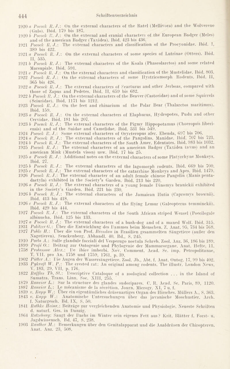 1920 « Pocock P.J.: On tlie external characters of the Ratei (Mellivora) and the Wolverene (Gulo). Ibid. 179 bis 187. 1920 b Pocock R. J.: On the external and cranial characters of the European Baclger (Meies) and of the american Badger (Taxidea). Ibid. 423 bis 436. 1921 Pocock R.J.: The external characters and Classification of the Procyonidae. Ibid. I, 389 bis 422. 1921« Pocock R. J.: On the external characters of some species of Lutrinae (Otters). Ibid. II, 535. 1921 & Pocock R.J.: The external characters of the Koala (Phascolarctos) and some related Marsupiale. Ibid. 591. 1921 c Pocock R. J.: On the external characters and Classification of the Mustelidae. Ibid. 803. 1922 Pocock R.J.\ On the external characters of some Hystricomorph Rodents. Ibid. II, 365 bis 426. 1922 « Pocock R. J.: The external characters of Scarturus and other Jerboas, compared with those of Zapus and Pedetes. Ibid. II, 659 bis 682. 1922 b Pocock R. J.: On the external characters of the Beaver (Castoridae) and of some Squirrels (Sciuridae). Ibid. 1171 bis 1212. 1923 Pocock R.J.: On the feet and rhinarium of the Polar Bear (Thalarctos maritimus). Ibid. 159. 1923 « Pocock R. J.: On the external characters of Elaphurus, Hydropotes, Pu du and other Cervidae. Ibid. 181 bis 207. 1923 b Pocock R.J.: The external characters of the Pigmv Hippopotamus (Choeropsis liberi- ensis) and of the Suidae and Camelidae. Ibid. 531 bis 549. 1924 Pocock R.J.\ Some external characters of Orycteropus afer. Ebenda, 697 bis 706. 1924 « Pocock R. J.\ The external characters of the Pangolins. Manidae. Ibid. 707 bis 723. 1924 b Pocock R. J.\ The external characters of the South Amer. Eclentates. Ibid. 983 bis 1032. 1925 Pocock R. J.: The external characters of an american Badger (Taxidea taxus) and an american Mink (Mustela vison) usw. Ibid. 17 bis 25. 1925 « Pocock R. J.: Additional notes on the external characters of some Platyrrhyne Monkeys. Ibid. 27. 1925 b Pocock R.J.: The external characters of the lagomorph rodents. Ibid. 669 bis 700. 1925 c Pocock R. J.: The external characters of the catarrhine Monkeys and Apes. Ibid. 1479. 1926 Pocock R.J.: The external character of an adult female Chinese Pangolin (Manis penta- clactyla) exhibited in the Society’s Garden. Ibid. 213 bis 220. 1926 « Pocock R. J.: The external characters of a young female Dinomvs branickii exhibited in the Society’s Garden. Ibid. 221 bis 230. 1926 6 Pocock R.J.\ The external characters of the Jamaican Hutia (Capromys brownii). Ibid. 413 bis 418. 1926 c Pocock R.J.: The external characters of the flying Lemur (Galeopterus temminckii). Ibid. 429 bis 444. 1927 Pocock R.J.\ The external characters of the South African striped Weasel (Poecilogale albinuclia. Ibid. 125 bis 133. 1927 « Pocock R. J.\ The external characters of a bush-dog and of a maned Wolf. Ibid. 315. 1931 Politzer G.: Über die Entwicklung des Dammes beim Menschen. Z. Anat. 95, 734 bis 768. 1927 Pohle H.: Über die von Prof. Bresslau in Brasilien gesammelten Säugetiere (außer den Nagetieren). Senckenberg. Abhandl. 40. Bel., S. 245. 1910 Porta A.\ Sülle glandule facciali del Vesperugo noctula Sclireb. Zool. Anz. 36, 186 bis 189. 1899 Profe O.: Beitrag zur Ontogenie und Phylogenie der Mammarorgane. Anat. Tiefte, 11. 1758 Protassow Alex.: De ibice imberbi. Nov. Comment. Acad. Sc. imp. Petropolitanae, T. VII. pro An. 1758 und 1759, 176-1, p. 39. 1902 Putter A.\ Die Augen der Wassersäugetiere. Zool. Jb., Abt. f. Anat. Öntog. 17, 99 bis 402. 1933 Pykraft W. P.: The crested rat: An original among rodents. The illustr. London News, V. 183, 29. VII, p. 176. 1822 Raffles Th. St.: Descriptive Cataloqne of a zoological collection ... in the Island of Sumatra. Trans. Linn. Soc. XIII, 255. 1879 Ranvier L.: Sur la structure des glandes sudoripares. C. R. Acacl. Sc. Paris, 89, 1120. 1887 Ranvier L.: Le mbcanisme de la secretion. Journ. Microgr. XI, 7 u. f. 1839 v. Rapp IE.: Über ein eigentümliches drüsenartiges Organ des Hirsches. Müllers A., S. 363. 1843 v. Rapp IE.: Anatomische Untersuchungen über das javanische Moschustier. Arch. f. Naturgesch. Bd. IX, S. 50. 1841 Ratlike Heinr.: Beiträge zur vergleichenden Anatomie und Physiologie. Neueste Schriften d. naturf. Ges. in Danzig. 1864 Ratzeburg: Saugt der Dachs im Winter sein eigenes Fett ans? Krit. Blätter f. Forst- n. Jagdwissensch. Bd. 47, S. 238. 1903 Rauther M.: Bemerkungen über den Genitalapparat und die Analdrüsen der Chiropteren. Anat. Anz. 23, 508.