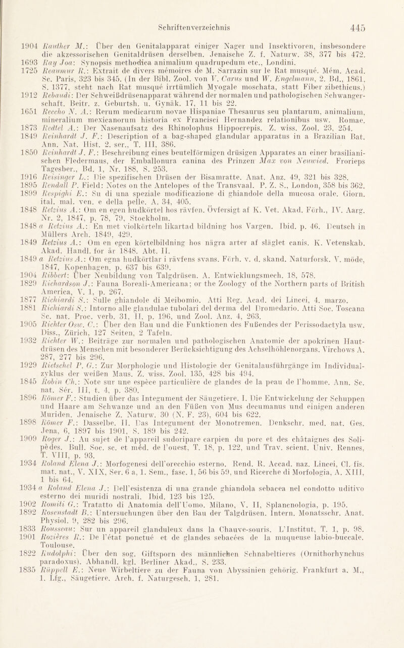 1904 Rauther M.: Über den Genitalapparat einiger Nager und Insektivoren, insbesondere die akzessorischen Genitaldrüsen derselben. Jenaische Z. f. Naturw. 38, 377 bis 472. 1693 Ray Joa: Synopsis metliodica animalinm quadrupedum etc., Londini. 1725 Reaumur R.: Extrait de divers memoires de M. Sarrazin sur le Rat musque. Mein. Acacl. Sc. Paris, 323 bis 345. (In der Bibi. Zool. von V. Carus und W. Engelmann, 2. Bei., 1861, S. 1377, steht nach Rat mnsque irrtümlich Myogale moschata, statt Fiber zibetliicus.) 1912 Rebaudi: Der Schweißdrüsenapparat während der normalen und pathologischen Schwanger- schaft. Beitr. z. Geburtsli. u. Gynäk. 17, 11 bis 22. 1651 Reccho N. A.: Rerum medicarum novae Hispaniae Thesaurus seu plantarum, animalinm, mineralium mexicanorum historia ex Francisci Hernandez relationibus usw. Romae. 1873 Redtel Ä.: Der Nasenaufsatz des Rhinoloplnis Hippocrepis. Z. wiss. Zool. 23, 254. 1849 Reinhardt J. F.: Description of a bag-shaped glandular apparatus in a Brazilian Bat. Ann. Nat. Hist. 2. ser., T. III, 386. 1850 Reinhardt J. F.: Beschreibung eines beutelförmigen drüsigen Apparates an einer brasiliani- schen Fledermaus, der Emballonura canina des Prinzen Max von Neuwied. Frorieps Tagesber., Bd. 1, Nr. 188, S. 253. 1916 Reisinger L.: Die spezifischen Drüsen der Bisamratte. Anat. Anz. 49, 321 bis 328. 1895 Rendall P. Field: Notes on the Antelopes of the Transvaal. P. Z. S., London, 358 bis 362. 1899 Respighi E.: Su di una speziale modificazione di ghiandole della mucosa orale. Giorn. ital. mal. ven. e della pelle. A. 34, 405. 1848 Retzius A. \ Om en egen hudkörtel hos rävfen. Övfersigt af K. Vet. Akad. Förh., IV. Aarg. Nr. 2, 1847, p. 78, 79, Stockholm. 1848 a Retzius A.: En met violkörteln likartad bildning hos Vargen. Ibid. p. 46. Deutsch in Müllers Arch. 1849, 429. 1849 Retzius A.: Om en egen körtelbildning hos nägra arter af släglet canis. K. Vetenskab. Akad. Handl. for är 1848. Abt. II. 1849 a Retzius A.: Om egna hudkörtlar i rävfens svans. Förh. v. d. skand. Naturforsk. V. möcle, 1847, Kopenhagen, p. 637 bis 639. 1904 Ribbert: Über Neubildung von Talgdrüsen. A. Entwicklungsmech. 18, 578. 1829 Richardson JFauna Boreali-Americana; or the Zoology of tlie Northern parts of British America, V. 1, p. 267. 1877 Richiardi S.: Sülle ghiandole di Meibomio. Atti Reg. Acad. dei Lincei, 4. marzo. 1881 Richiardi S.: Intorno alle glandulae tubolari del derma del Bromedario. Atti Soc. Toscana Sc. nat. Proc. verb. 31, II, p. 196, und Zool. Anz. 4, 263. 1905 Richter Osw. C.: Über den Bau und die Funktionen des Fußendes der Perissodactyla usw. Diss., Zürich, 127 Seiten, 2 Tafeln. 1932 Richter W.: Beiträge zur normalen und pathologischen Anatomie der apokrinen Haut- drüsen des Menschen mit besonderer Berücksichtigung des Achselhöhlenorgans. Virchows A. 287, 277 bis 296. 1929 Rietschel P. G.: Zur Morphologie und Histologie der Genitalausführgänge im Individuai- zyklus der weißen Maus. Z. wiss. Zool. 135, 428 bis 494. 1845 Robin Ch.: Note sur une espece particuliere de glandes de la peau de Phomme. Ann. Sc. nat. Ser. III, t. 4, p. 380. 1896 Römer F.: Studien über das Integument der Säugetiere. I. Die Entwickelung der Schuppen und Haare am Schwänze und an den Füßen von Mus decumanus und einigen anderen Muriden. Jenaische Z. Naturw. 30 (N. F. 23), 604 bis 622. 1898 Römer F.: Dasselbe. II. Das Integument der Monotremen. Denkschr. med. nat. Ges. Jena, 6, 1897 bis 1901, S. 189 bis 242. 1909 Roger .J.: Au sujet de l’appareil sudoripare carpien du porc et des chätaignes des Soli- pedes. Bull. Soc. sc. et med. de Pouest, T. 18, p. 122, und Trav. scient. Univ. Rennes, T. VIII, p. 93. 1934 Roland Elena J.: Morfogenesi dell’orecchio esterno. Rend. R. Accad. naz. Lincei, CI. fis. mat. nat., V. XIX, Ser. 6 a, 1. Sem., fase. 1, 56 bis 59, und Ricerche di Morfologia, A. XIII, 1 bis 64. 1934 a Roland Elena J.: Dell’esistenza di una grande ghianclola sebac.ea nel condotto uditivo esterno dei muridi nostrali. Ibid. 123 bis 125. 1902 Romiti G.: Tratatto di Anatomia delPUonro. Milano, V. II, Splancnologia, p. 195. 1892 Rosenstadt P>.\ Untersuchungen über den Bau der Talgdrüsen. Intern. Monatsschr. Anat. Physiol. 9, 282 bis 296. 1833 Rousseau: Sur un appareil glanduleux dans la Chauve-souris. L’Institut, T. 1, p. 98. 1901 Rozieres R.: De l’etat ponctue et de glandes sebacees de la muqueuse labio-buccale. Toulouse. 1822 Rudolphi: Über den sog. Giftsporn des männlichen Schnabeltieres (Ornithorhynchus paradoxus). Abhandl. kgl. Berliner Akad., S. 233. 1835 Rüppell E.: Neue Wirbeltiere zu der Fauna von Abyssinien gehörig. Frankfurt a. M., 1. Lfg., Säugetiere. Arch. f. Naturgesch. 1, 281.