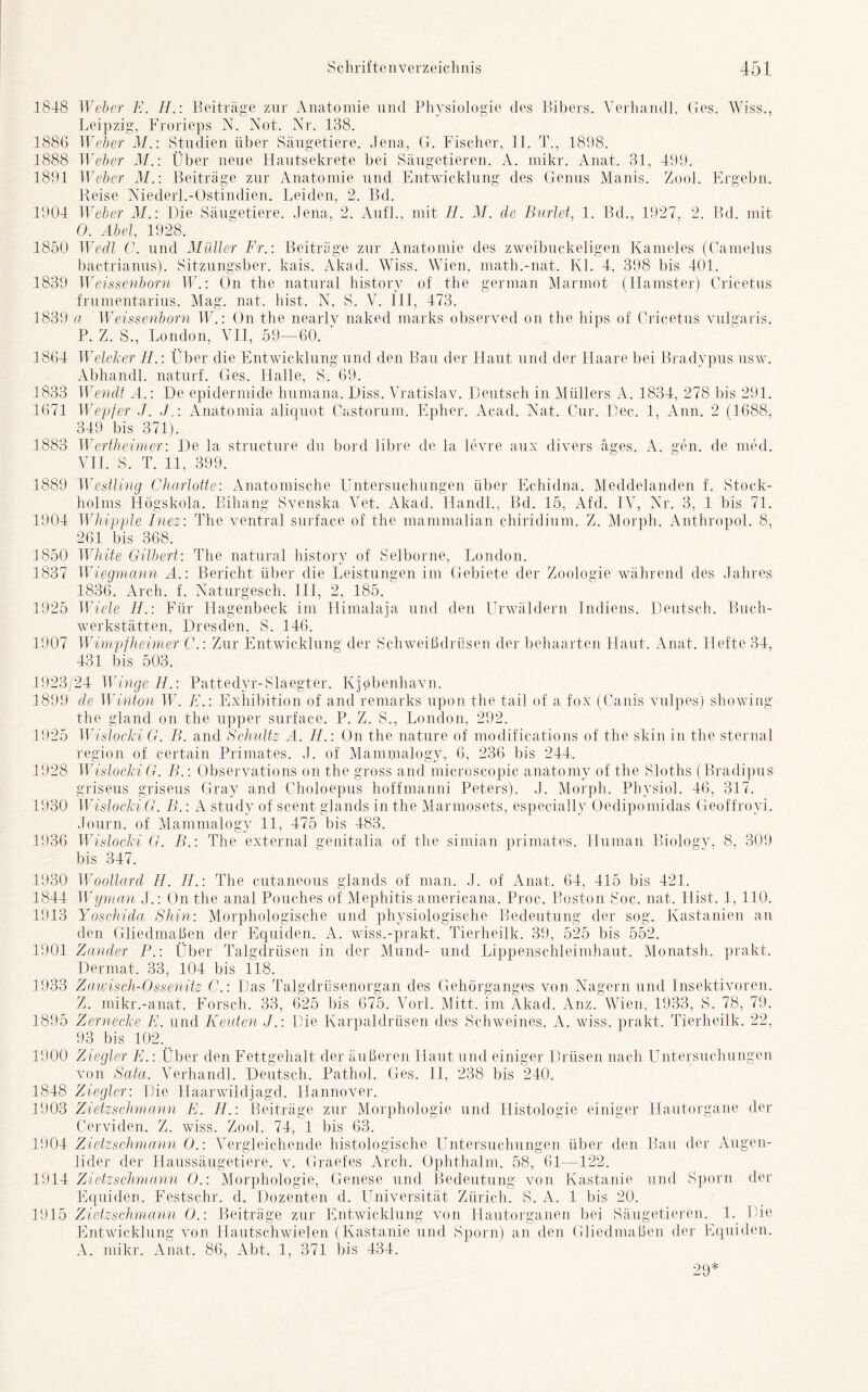 1848 Weber E. H.: Beiträge zur Anatomie und Physiologie des Bibers. Verhandl. Ges. Wiss., Leipzig, Frorieps N. Not. Nr. 138. 1886 Weber M.: Studien über Säugetiere. Jena, G. Fischer, II. T., 1898. 1888 Weber M.: Über neue Hautsekrete bei Säugetieren. A. nrikr. Anat. 31, 499. 1891 Weber M.: Beiträge zur Anatomie und Entwicklung des Genus Manis. Zool. Ergehn. Reise Niederl.-Ostindien. Leiden, 2. Bd. 1904 Weber M.: Die Säugetiere. Jena, 2. Aufl., mit II. M. de Burlet, 1. Bd., 1927, 2. Bd. mit 0. Abel, 1928. 1850 Wedl C. und Müller Fr.: Beiträge zur Anatomie des zweibuckeligen Kameles (Camelus bactrianus). Sitzungsber. kais. Akad. Wiss. Wien, math.-nat. Kl. 4, 398 bis 401. 1839 Weissenborn TF.: On the natural history of the german Marmot (Hamster) Cricetus frumentarius. Mag. nat. hist. N. S. V. HI, 473. 1839 a Weissenborn W.: On the nearly naked marks observed on the hips of Cricetus vulgaris. P. Z. S., London, VII, 59—60. 1864 Welcher II.: Über die Entwicklung und den Bau der Haut und der Haare bei Bradypus usw. Abhandl. naturf. Ges. Halle, S. 69. 1833 Wen dt A.: De epidermide humana. Diss. Vratislav. Deutsch in Müllers A. 1834, 278 bis 291. 1671 Wepfer J. J.: Anatomia aliquot Castorum. Epher. Acad. Nat. Cur. Dec. 1, Ann. 2 (1688, 349 bis 371). 1883 Wertheimer: I)e la structure du bord libre de la levre aux divers äges. A. gen. de med. VII. S. T. 11, 399. 1889 Westling Charlotte: Anatomische Untersuchungen über Echidna. Meddelanden f. Stock- holms Högskola. Bihang Svenska Vet. Akad. Handl., Bd. 15, ALL IV, Nr. 3, 1 bis 71. 1904 Whipple Inez: The ventral surface of the mammalian chiridium. Z. Morph. Anthropol. 8, 261 bis 368. 1850 White Gilbert: The natural history of Selborne, London. 1837 Wiegmann A.: Bericht über die Leistungen im Gebiete der Zoologie während des Jahres 1836. Arch. f. Naturgesch. III, 2, 185. 1925 Wiele H.: Für Hagenbeck im Himalaja und den Urwäldern Indiens. Deutsch. Buch- werkstätten, Dresden, S. 146. 1907 Wimpfheimer C.: Zur Entwicklung der Schweißdrüsen der behaarten Haut. Anat. Hefte 34, 431 bis 503. 1923/24 WingeH.: Pattedyr-Slaegter. Kjqbenhavn. 1899 de Winton TF. E.: Exhibition of and remarks upon the tail of a fox (Canis vulpes) showing the gland on the upper surface. P. Z. S., London, 292. 1925 Wislocki G. B. and Schultz A. II.: On the nature of modifications of the skin in the sternal region of certain Primates. J. of Mammalogy, 6, 236 bis 244. 1928 Wislocki G. B.: Observations on the gross and microscopic anatomy of the Sloths (Bradipus griseus griseus Gray and Choloepus hoffmanni Peters). J. Morph. Physiol. 46, 317. 1930 WislockiG. B.: A study of scent glands in the Marmosets, especially Oedipomidas Geoffroyi. Journ. of Mammalogy 11, 475 bis 483. 1936 Wislocki G. />.: The external genitalia of the simian primates. Human Biologv, 8, 309 bis 347. 1930 Woollard II. H.: The cutaneous glands of man. J. of Anat. 64, 415 bis 421. 1844 Wyman J.: On the anal Pouches of Mephitis americana. Proc. Boston Soc. nat. Hist. 1, 110. 1913 Yoschida Sinn: Morphologische und physiologische Bedeutung der sog. Kastanien an den Gliedmaßen der Equiden. A. wiss.-prakt. Tierheilk. 39, 525 bis 552. 1901 Zander P.: Über Talgdrüsen in der Mund- und Lippenschleimhaut. Monatsh. prakt. Dermat. 33, 104 bis 118. 1933 Zawisch-Ossenitz C.: Das Talgdrüsenorgan des Gehörganges von Nagern und Insektivoren. Z. mikr.-anat. Forsch. 33, 625 bis 675. Vorl. Mitt. im Akad. Anz. Wien, 1933, 8. 78, 79. 1895 Zernecke E. und Reuten J.: Die Ivarpaldrüsen des Schweines. A. wiss. prakt. Tierheilk. 22, 93 bis 102. 1900 Ziegler E.: Über den Fettgehalt der äußeren Haut und einiger Drüsen nach Untersuchungen von Sata. Verhandl. Deutsch. Pathol. Ges. II, 238 bis 240. 1848 Ziegler: Die Haarwildjagd. Hannover. 1903 Zietzschmann E. II.: Beiträge zur Morphologie und Histologie einiger Hautorgane der Cerviden. Z. wiss. Zool. 74, 1 bis 63. Zietzschmann O.: Vergleichende histologische Untersuchungen über den Bau der Augen- 1904 1914 1915 Zietzschmann ().: Beiträge zur Entwicklung von Hautorganen bei Säugetieren. 1. Die lider der Haussäugetiere, v. Graefes Arch. Ophthalm. 58, 61—122. Zietzschmann O.: Morphologie, Genese und Bedeutung von Kastanie und Sporn der Equiden. Festschr. d. Dozenten d. Universität Zürich. S. A. 1 bis 20. Entwicklung A. mikr von Hautschwielen (Kastanie und Sporn) an den Gliedmaßen der Equiden. Vnat. 86, Abt. 1, 371 bis 434. 29*