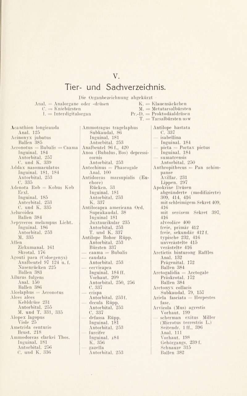 V. Tier- und Sachverzeichnis. Die OrganbeZeichnung abgekürzt Anal. = Analorgane oder -drüsen K. = Klauensäckchen C. = Kniebürsten M. = Metatarsalbürsten I. = Interdigitalorgan Pr.-D. = Proktodäaldrüsen T. — Tarsalbürsten usw Aca nthion longicauda Anal. 125 Acinonyx jubatus Ballen 385 Acronotus = Bubalis = Caama Inguinal. 184 Antorbital. 257 C. und K. 339 Addax nasomaculatus Inguinal. 181, 184 Antorbital. 253 C. 335 Adenota Pvob = Kobus Kob Erxl. Inguinal. 185 Antorbital. 253 0. und K. 335 Aeluroidea Ballen 384 Aepyceros melampus Licht. Inguinal. 186 Antorbital. 253 M. 335 Affen Zirkumanal. 161 Skrotal. 176 Agouti paca (Coloegenys) Analbeutel 97 124 u. f. Nasenrücken 225 Ballen 383 Ailurus fulgens Anal. 150 Ballen 386 Alcelaphus = Acronotus Alces alces Kehldrüse 231 Antorbital. 255 M. und T. 331, 335 Alopex lagopus Viole 25 Ametrida centurio Brust. 218 Ammodorcas clarkei Thos. Inguinal. 181 Antorbital. 256 C. und K. 336 Ammotragus tragelaphus Subkaudal. 86 Inguinal. 181 Antorbital. 253 Analbeutel 96 f., 420 Anoa (Bubalus, Bos) depressi- cornis Antorbital. 253 Antechinus = Phascogale Anal. 100 Antidorcas marsupialis (Eu- chore) Rücken. 53 Inguinal. 181 Antorbital. 253 Iv. 337 Antilocapra americana Ord. Suprakaudal. 38 Inguinal 181 Juxtaurikular 235 Antorbital. 253 T. und K. 337 Antilope Bohor Rüpp. Antorbital. 253 Bürsten 337 — caama = Bubalis — caudata Antorbital. 253 — cervicapra Inguinal. 184 ff. Vorhaut. 209 Antorbital. 250, 256 C. 337 — crispa Antorbital. 253 f. — decula Rüpp. Antorbital. 253 C. 337 defassa Rüpp. Inguinal. 181 Antorbital. 253 für cif er Inguinal. i84 K. 356 gazella Antorbital. 253 Antilope hastata C. 337 isabellina Inguinal. 184 picta = Portax pictus Inguinal. 184 sumatrensis Antorbital. 250 Anthropithecus = Pan Schim- panse Axillar. 231 Lippen. 297 Apokrine Drüsen abgeänderte (modifizierte) 309, 414, 416 mit schleimigem Sekret 409, 416 mit serösem Sekret 397, 416 alveoläre 400 freie, primär 412 freie, sekundär 412 f. typische 232, 416 unverästelte 415 verästelte 416 Arctictis binturong Raffles Anal. 132 Prägenital. 172 Ballen 384 Arctogalidia = Arctogale Prä skrotal. 4 72 Ballen 384 Arctonyx collaris Subkaudal. 79, 157 Ariela fasciata = Herpestes fase. Arvicola (Mus) agrestis Vorhaut. 199 scherman exitus Miller (Microtus terrestris L.) Seitendr. 1 ff., 396 Anal. 111 Vorhaut. 198 Gehörgangs. 239 f. Schnauze 315 Ballen 382