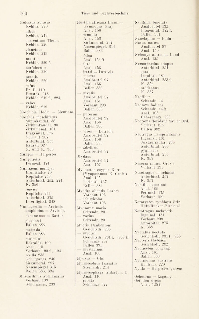 Molossus abrasus Kehldr. 220 — albus Kehldr. 219 currentium Them. Kehldr. 220 - glaucinus Kehldr. 219 nasutus Kehldr. 220 f. norfolcensis Kehldr. 220 perotis Kehldr. 220 rufus Pr.-D. 110 Brustdr. 218 Kehldr. 219 f., 224, — velox Kehldr. 219 Moschiola Ho dg. = Meminna Moschus moschif erus Suprakaudal. 38 Zirkumkaudal. 90 Zirkumanal. 161 Prägenital. 175 Vorhaut 207 Antorbital. 253 Ivrural. 327 M. und K. 356 Mungos = Herpestes Mungotictis Perineal. 174 Muntiacus muntjac Brunltfalte 70 Kopffalte 243 Antorbital. 252, 274 Iv. 356 - reevesi Kopffalte 244 Antorbital. 275 Interdigital. 348 Mus agrestis = Arvicola amphibius = Arvicola decumanus = Rattus gleadowi Ballen 383 - mettada Ballen 383 musculus Rektal dr. 100 Anal. 110 Vorhaut 190 f., 194 Axilla 235 Gehörgangs. 240 Zirkumoral. 297 Nasenspiegel 315 Ballen 383, 394 Muscardinus avellanarius Vorhaut 199 Gehörgangs. 239 Mustela africana Desm. Gymnopus Gray Anal. 156 - erminea Anal. 153 Zirkumoral. 297 Nasenspiegel. 314 Ballen 386 foina Anal. 153 ff. furo Anal. 156 - itatsi = Lntreola martes Analbeutel 97 Anal. 156 Ballen 386 nivalis Analbeute] 97 Anal. 151 Vorhaut 203 Ballen 386 putorius Analbeutel 97 Anal. 156 Ballen 386 vison = Lntreola Analbeutel 97 Anal. 156 Ballen 386 zibellina Analbeutel 97 Mydaus Analbeutel 97 Anal. 157 Myocastor coypus Kerr (Myopotamus E. Geoff.) Anal. 125 Perineal. 167 Ballen 384 Myodes obensis Brants Vorhaut 195 schisticolor Vorhaut 195 Mvosorex morio Seitendr. 20 varius Seitendr. 20 Myotis Daubentoni Gesichtsdr. 285 myotis Gesichtsdr. 281 f., 289 ff. Schnauze 297 Ballen 391 mystacinns Anal. 108 Myoxns = Glis Myrmecobius fasciatus Sterna] dr. 214 Myrmecophaga tridactyla L. Anal. 110 jubata Schnauze 322 Nandinia binotata Analbeutel 132 Prä genital. 172 f. Ballen 384 Nanelaphus - Pu du Nasua narica Analbeutel 97 Anal. 150 Nelomys antricola Lund Anal. 125 Nemorhaedus crispus Antorbital. 254 - goral Inguinal. 181 Antorbital. 253 f. K. 356 raddeanus K. 357 Neofiber Seitendr. 14 Neomys fodiens Seitendr. 14 ff. Anal. 105 Gehörgangs. 239 Neotoma floridana Say et Ord. Vorhaut 195 Ballen 382 Neotragus hemprichianus Inguinal. 181 Juxtaurikular. 236 Antorbital. 255 pygmaeus Antorbital. 255 K. 357 Nesocia indica Gray? Vorhaut 195 Nesotragus moschatus Antorbital. 257 K. 357 Noctilio leporinus Anal. 109 Perineal. 175 Vorhaut 190 Notoryctes typhlops Stir. Hüft-Rücken-Fleck 41 N o to tragus mel a no tis Inguinal. 181 Vorhaut 209 Antorbital. 275 K. 358 Nyctalus noctula Gesichtsdr. 281 f., 288 Nycteris thebaica Gesichtsdr. 282 Nvcticebus coucang ' Anal. 161 Ballen 388 Nyctinomus australis Kehlsack 220 Nyula = Herpestes griseus Ochotona = Lagomys Octodon degus Anal. 125 f.