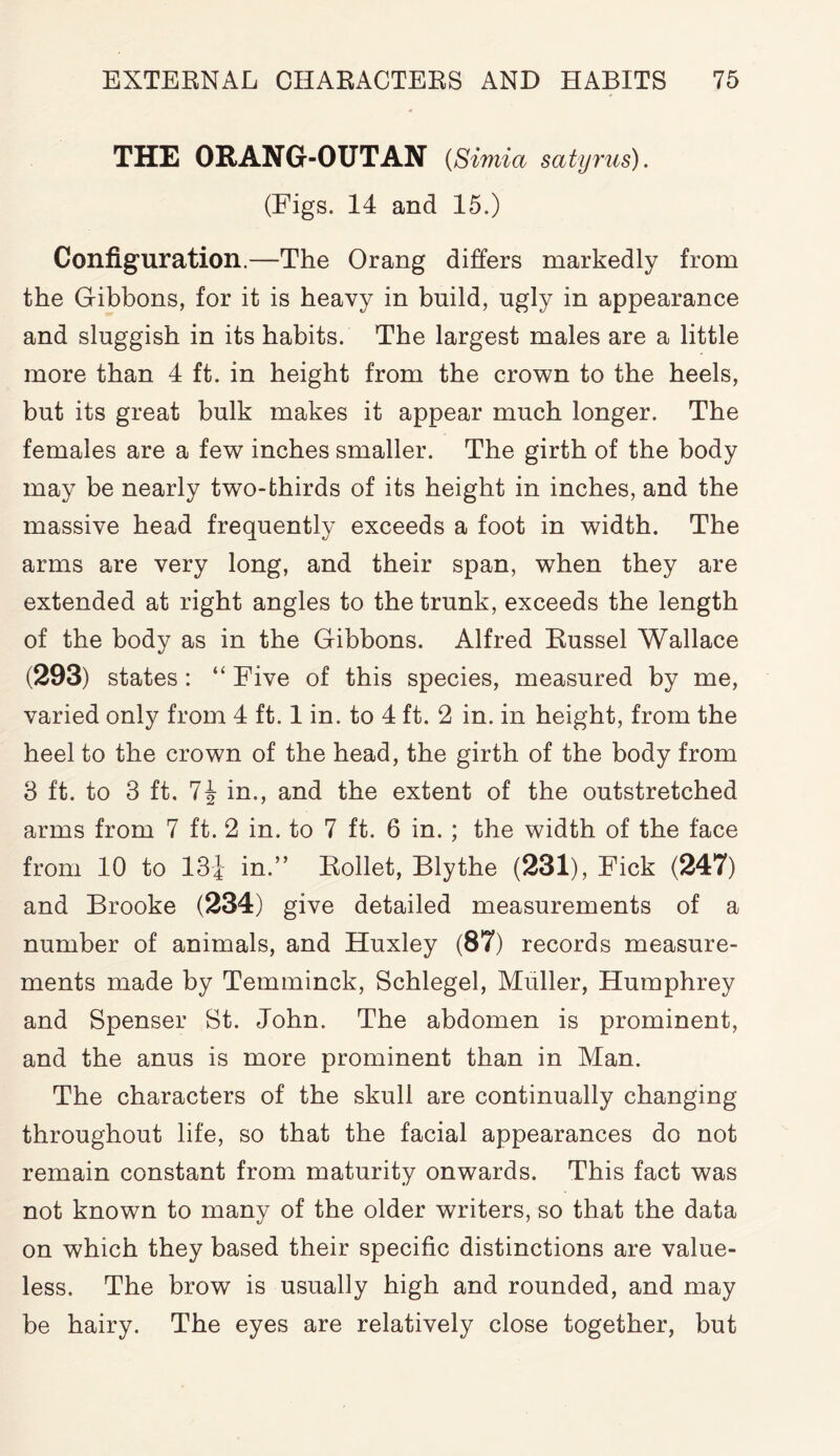 THE ORANG-OUTAN (Simla satyrus). (Figs. 14 and 15.) Configuration.—The Orang differs markedly from the Gibbons, for it is heavy in build, ugly in appearance and sluggish in its habits. The largest males are a little more than 4 ft. in height from the crown to the heels, but its great bulk makes it appear much longer. The females are a few inches smaller. The girth of the body may be nearly two-thirds of its height in inches, and the massive head frequently exceeds a foot in width. The arms are very long, and their span, wThen they are extended at right angles to the trunk, exceeds the length of the body as in the Gibbons. Alfred Russel Wallace (293) states : “ Five of this species, measured by me, varied only from 4 ft. 1 in. to 4 ft. 2 in. in height, from the heel to the crown of the head, the girth of the body from 3 ft. to 3 ft. 7J in., and the extent of the outstretched arms from 7 ft. 2 in. to 7 ft. 6 in. ; the width of the face from 10 to 13i in.” Rollet, Blythe (231), Fick (247) and Brooke (234) give detailed measurements of a number of animals, and Huxley (87) records measure- ments made by Temminck, Schlegel, Muller, Humphrey and Spenser St. John. The abdomen is prominent, and the anus is more prominent than in Man. The characters of the skull are continually changing throughout life, so that the facial appearances do not remain constant from maturity onwards. This fact was not known to many of the older writers, so that the data on which they based their specific distinctions are value- less. The brow is usually high and rounded, and may be hairy. The eyes are relatively close together, but