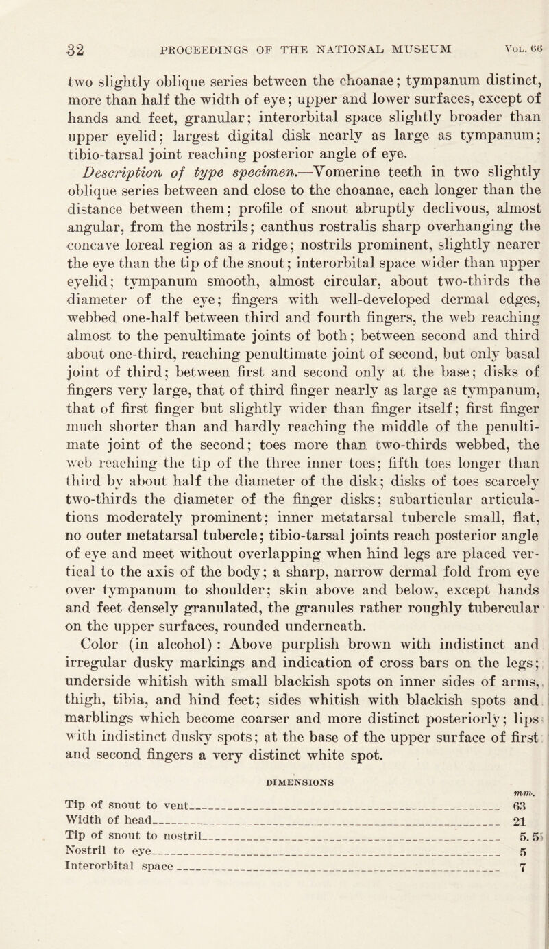 two slightly oblique series between the choanae; tympanum distinct, more than half the width of eye; upper and lower surfaces, except of hands and feet, granular; interorbital space slightly broader than upper eyelid; largest digital disk nearly as large as tympanum; tibio-tarsal joint reaching posterior angle of eye. Description of type specimen.—Vomerine teeth in two slightly oblique series between and close to the choanae, each longer than the distance between them; profile of snout abruptly declivous, almost angular, from the nostrils; canthus rostralis sharp overhanging the concave loreal region as a ridge; nostrils prominent, slightly nearer the eye than the tip of the snout; interorbital space wider than upper eyelid; tympanum smooth, almost circular, about two-thirds the diameter of the eye; fingers with well-developed dermal edges, webbed one-half between third and fourth fingers, the web reaching almost to the penultimate joints of both.; between second and third about one-third, reaching penultimate joint of second, but only basal joint of third; between first and second only at the base; disks of fingers very large, that of third finger nearly as large as tympanum, that of first finger but slightly wider than finger itself; first finger much shorter than and hardly reaching the middle of the penulti- mate joint of the second; toes more than two-thirds webbed, the web reaching the tip of the three inner toes; fifth toes longer than third by about half the diameter of the disk; disks of toes scarcely two-thirds the diameter of the finger disks; subarticular articula- tions moderately prominent; inner metatarsal tubercle small, flat, no outer metatarsal tubercle; tibio-tarsal joints reach posterior angle of eye and meet without overlapping when hind legs are placed ver- tical to the axis of the body; a sharp, narrow dermal fold from eye over tympanum to shoulder; skin above and below, except hands and feet densely granulated, the granules rather roughly tubercular on the upper surfaces, rounded underneath. Color (in alcohol) : Above purplish brown with indistinct and irregular dusky markings and indication of cross bars on the legs; underside whitish with small blackish spots on inner sides of arms, thigh, tibia, and hind feet; sides whitish with blackish spots and marblings which become coarser and more distinct posteriorly; lips with indistinct dusky spots; at the base of the upper surface of first and second fingers a very distinct white spot. DIMENSIONS mm. Tip of snout to vent 63 Width of head 21 Tip of snout to nostril 5. 55 Nostril to eye 5 Interorbital space 7