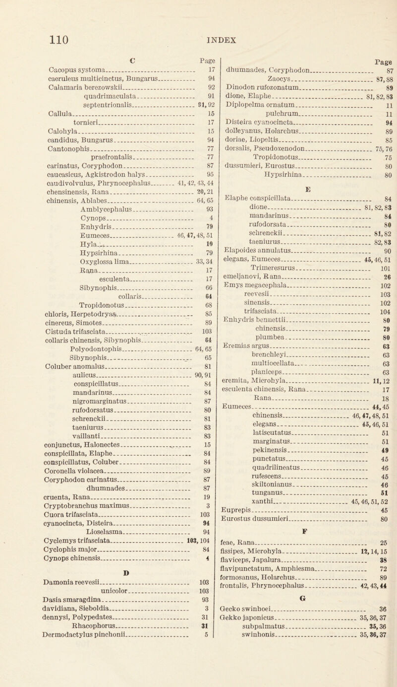 C Page Cacopus systoma 17 caeruleus multicinctus, Bungarus 94 Calamaria berezowskii 92 quadrimaculata 91 septentrionalis 81,92 Callula 15 tornieri 17 Calohyla 15 candidus, Bungarus 94 Cantonophis 77 praefrontalis 77 carinatus, Coryphodon 87 caucasicus, Agkistrodon halys 95 caudivolvulus, Phrynoeephalus 41,42,43,44 chensinensis, Rana 20,21 chinensis, Ablabes 64,65 Amblycephalus 93 Cynops 4 Enhydris 79 Eumeces 46, 47,48, 51 Hyla.A 10 Hypsirhina 79 Oxyglossa lima 33, 34 Rana -.... 17 esculenta 17 Sibynopbis 66 collar is 64 Tropidonotus 68 chloris, Herpetodryas; 85 cinereus, Simotes .. 89 Cistuda trifasciata 103 collaris chinensis, Sibynopbis 64 Polyodontopbis _ 64,65 Sibynophis ... 65 Coluber anomalus 81 aulicus 90,91 conspicillatus 84 mandarinus 84 nigromarginatus 87 rufodorsatus 80 scbrenckii 81 taeniurus 83 vaillanti .. 83 conjunctus, Halonectes 15 conspicillata, Elaphe. 84 conspicillatus, Coluber 84 Coronella violacea 89 Coryphodon carinatus 87 dhumnades 87 cruenta, Rana. . 19 Cryptobr anchus maximus 3 Cuora trifasciata 103 cyanocincta, Disteira 94 Lioselasma 94 Cyclemys trifasciata 103,104 Cyclophis major 84 Cynops chinensis 4 D Damonia reevesii 103 unicolor 103 Dasia smaragdina 93 davidiana, Sieboldia 3 dennysi, Polypedates 31 Rhacophorus 31 Dermodactylus pinchonii 5 Page dhumnades, Coryphodon 87 Zaocys 87,88 Dinodon rufozonatum 89 dione, Elaphe 81,82,83 Diplopelma ornatum n pulchrum n Disteira cyanocincta 94 dolleyanus, Holarchus 89 doriae, Liopeltis 85 dorsalis, Pseudoxenodon 75,76 Tropidonotus 75 dussumieri, Eurostus 80 Hypsirhina 80 E Elaphe conspicillata 84 dione 81,82,83 mandarinus 84 rufodorsata 80 schrenckii 81,82 taeniurus 82,83 Elapoides annulatus go elegans, Eumeces 45,46,51 Trimeresurus 101 emeljanovi, Rana 26 Emys megacephala 102 reevesii 103 sinensis 102 trifasciata 104 Enhydris bennettii.. 80 chinensis 79 plumbea 80 Eremias argus 63 brenchleyi 63 multiocellata 63 planiceps 63 eremita, Microhyla 11,12 esculenta chinensis, Rana 17 Rana 18 Eumeces 44,45 chinensis 46,47,48,51 elegans. 45,46,51 latiscutatus 51 marginatus 51 pekinensis 49 punctatus 45 quadrilineatus 46 rufescens 45 skiltonianus.. 46 tunganus 51 xanthi... 45,46,51,52 Euprepis 45 Eurostus dussumieri 80 F feae, Rana 25 fissipes, Microhyla 12,14,15 fiaviceps, Japalura 38 flavipunctatum, Amphiesma 72 formosanus, Holarchus 89 frontalis, Phrynoeephalus 42,43,44 G Gecko swinhoei... 36 Gekko japonicus 35,36,37 subpalmatus 35,36 swinhonis 35, 36,37