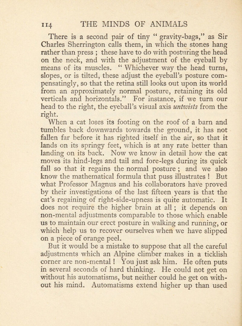 There is a second pair of tiny “ gravity-bags,5’ as Sir Charles Sherrington calls them, in which the stones hang rather than press ; these have to do with posturing the head on the neck, and with the adjustment of the eyeball by means of its muscles. “ Y/hichever way the head turns, slopes, or is tilted, these adjust the eyeball’s posture com- pensatingly, so that the retina still looks out upon its world from an approximately normal posture, retaining its old verticals and horizontals.” For instance, if we turn our head to the right, the eyeball’s visual axis untwists from the right. When a cat loses its footing on the roof of a barn and tumbles back downwards towards the ground, it has not fallen far before it has righted itself in the air, so that it lands on its springy feet, which is at any rate better than landing on its back. Now we know in detail how the cat moves its hind-legs and tail and fore-legs during its quick fall so that it regains the normal posture ; and we also know the mathematical formula that puss illustrates ! But what Professor Magnus and his collaborators have proved by their investigations of the last fifteen years is that the cat’s regaining of right-side-upness is quite automatic. It does not require the higher brain at all ; it depends on non-mental adjustments comparable to those which enable us to maintain our erect posture in walking and running, or which help us to recover ourselves when we have slipped on a piece of orange peel. But it would be a mistake to suppose that all the careful adjustments which an Alpine climber makes in a ticklish corner are non-mental ! You just ask him. He often puts in several seconds of hard thinking. He could not get on without his automatisms, but neither could he get on with- out his mind. Automatisms extend higher up than used