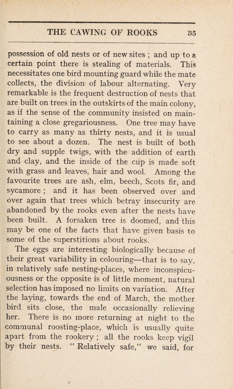 possession of old nests or of new sites ; and up to a certain point there is stealing of materials. This necessitates one bird mounting guard while the mate collects, the division of labour alternating. Very remarkable is the frequent destruction of nests that are built on trees in the outskirts of the main colony, as if the sense of the community insisted on main- taining a close gregariousness. One tree may have to carry as many as thirty nests, and it is usual to see about a dozen. The nest is built of both dry and supple twigs, with the addition of earth and clay, and the inside of the cup is made soft with grass and leaves, hair and wool. Among the favourite trees are ash, elm, beech, Scots fir, and sycamore ; and it has been observed over and over again that trees which betray insecurity are abandoned by the rooks even after the nests have been built. A forsaken tree is doomed, and this may be one of the facts that have given basis to some of the superstitions about rooks. The eggs are interesting biologically because of their great variability in colouring—that is to say, in relatively safe nesting-places, where inconspicu- ousness or the opposite is of little moment, natural selection has imposed no limits on variation. After the laying, towards the end of March, the mother bird sits close, the male occasionally relieving her. There is no more returning at night to the communal roosting-place, which is usually quite apart from the rookery ; all the rooks keep vigil by their nests. “ Relatively safe,” we said, for
