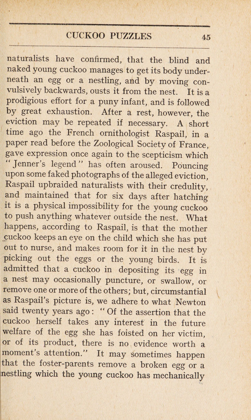 naturalists have confirmed, that the blind and naked young cuckoo manages to get its body under- neath an egg or a nestling, and by moving con- vulsively backwards, ousts it from the nest. It is a prodigious effort for a puny infant, and is followed by great exhaustion. After a rest, however, the eviction may be repeated if necessary. A short time ago the French ornithologist Raspail, in a paper read before the Zoological Society of France, gave expression once again to the scepticism which  Jenner's legend” has often aroused. Pouncing upon some faked photographs of the alleged eviction, Raspail upbraided naturalists with their credulity, and maintained that for six days after hatching it is a physical impossibility for the young cuckoo to push anything whatever outside the nest. What happens, according to Raspail, is that the mother cuckoo keeps an eye on the child which she has put out to nurse, and makes room for it in the nest by picking out the eggs or the young birds. It is admitted that a cuckoo in depositing its egg in a nest may occasionally puncture, or swallow, or remove one or more of the others; but, circumstantial as Raspail’s picture is, we adhere to what Newton said twenty years ago : “ Of the assertion that the cuckoo herself takes any interest in the future welfare of the egg she has foisted on her victim, or of its product, there is no evidence worth a moment s attention.” It may sometimes happen that the foster-parents remove a broken egg or a nestling which the young cuckoo has mechanically