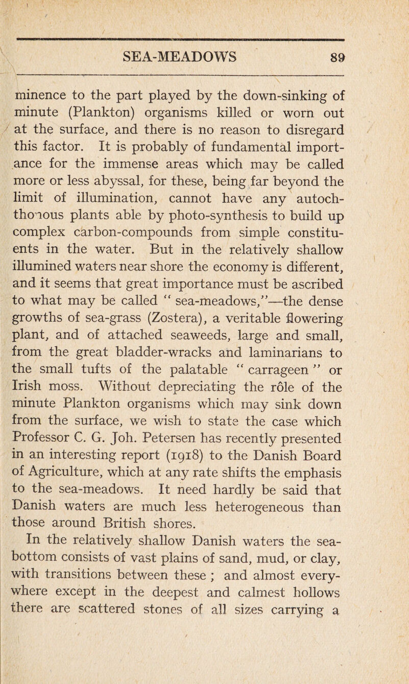 minence to the part played by the down-sinking of minute (Plankton) organisms killed or worn out at the surface, and there is no reason to disregard this factor. It is probably of fundamental import- ance for the immense areas which may be called more or less abyssal, for these, being far beyond the limit of illumination, cannot have any autoch- thonous plants able by photo-synthesis to build up complex carbon-compounds from simple constitu- ents in the water. But in the relatively shallow illumined waters near shore the economy is different, and it seems that great importance must be ascribed to what may be called “ sea-meadows/’—the dense growths of sea-grass (Zostera), a veritable flowering plant, and of attached seaweeds, large and small, from the great bladder-wracks and laminarians to the small tufts of the palatable “ carrageen ” or Irish moss. Without depreciating the role of the minute Plankton organisms which may sink down from the surface, we wish to state the case which Professor C. G. Joh. Petersen has recently presented in an interesting report (1918) to the Danish Board of Agriculture, which at any rate shifts the emphasis to the sea-meadows. It need hardly be said that Danish waters are much less heterogeneous than those around British shores. In the relatively shallow Danish waters the sea- bottom consists of vast plains of sand, mud, or clay, with transitions between these ; and almost every- where except in the deepest and calmest hollows there are scattered stones of all sizes carrying a