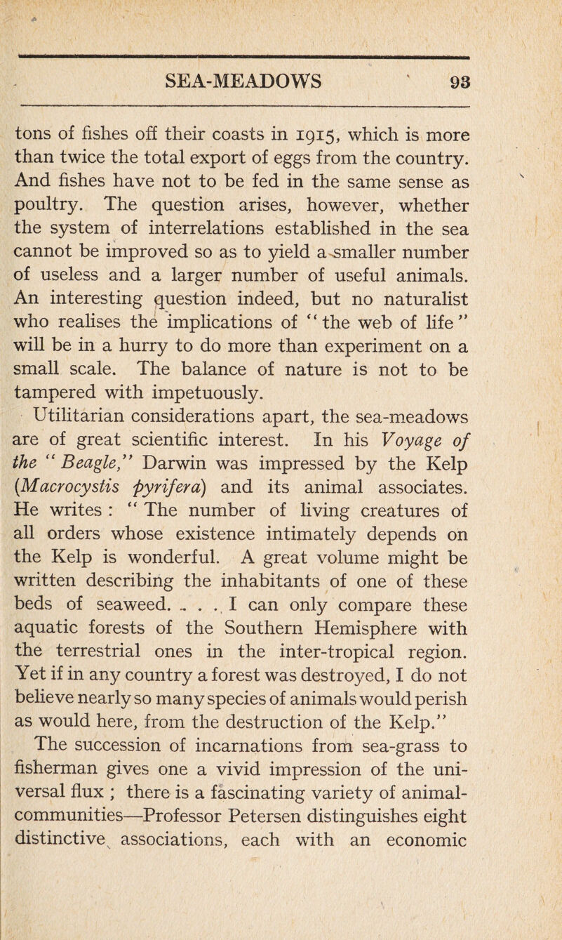 tons of fishes off their coasts in 1915, which is more than twice the total export of eggs from the country. And fishes have not to be fed in the same sense as poultry. The question arises, however, whether the system of interrelations established in the sea cannot be improved so as to yield a smaller number of useless and a larger number of useful animals. An interesting question indeed, but no naturalist who realises the implications of '‘the web of life” will be in a hurry to do more than experiment on a small scale. The balance of nature is not to be tampered with impetuously. Utilitarian considerations apart, the sea-meadows are of great scientific interest. In his Voyage of the  Beagle ” Darwin was impressed by the Kelp (Macrocystis ftyrifera) and its animal associates. He writes : “ The number of living creatures of all orders whose existence intimately depends on the Kelp is wonderful. A great volume might be written describing the inhabitants of one of these beds of seaweed. .... I can only compare these aquatic forests of the Southern Hemisphere with the terrestrial ones in the inter-tropical region. Yet if in any country a forest was destroyed, I do not believe nearly so many species of animals would perish as would here, from the destruction of the Kelp.” The succession of incarnations from sea-grass to fisherman gives one a vivid impression of the uni- versal flux ; there is a fascinating variety of animal- communities—Professor Petersen distinguishes eight distinctive associations, each with an economic