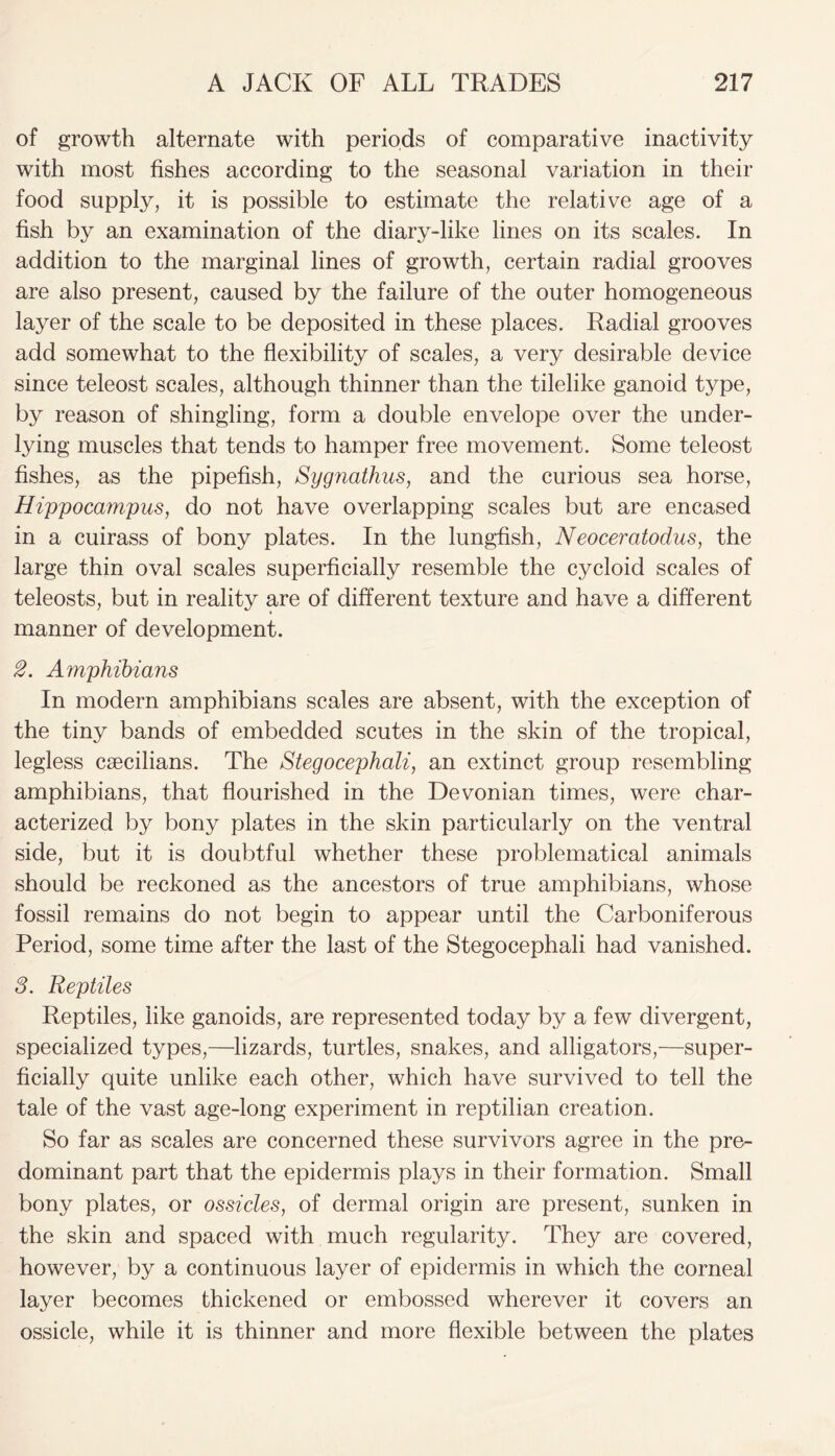 of growth alternate with periods of comparative inactivity with most fishes according to the seasonal variation in their food supply, it is possible to estimate the relative age of a fish by an examination of the diary-like lines on its scales. In addition to the marginal lines of growth, certain radial grooves are also present, caused by the failure of the outer homogeneous layer of the scale to be deposited in these places. Radial grooves add somewhat to the flexibility of scales, a very desirable device since teleost scales, although thinner than the tilelike ganoid type, by reason of shingling, form a double envelope over the under- lying muscles that tends to hamper free movement. Some teleost fishes, as the pipefish, Sygnathus, and the curious sea horse, Hippocampus, do not have overlapping scales but are encased in a cuirass of bony plates. In the lungfish, Neoceratodus, the large thin oval scales superficially resemble the cycloid scales of teleosts, but in reality are of different texture and have a different manner of development. 2. A?nphibians In modern amphibians scales are absent, with the exception of the tiny bands of embedded scutes in the skin of the tropical, legless csecilians. The Stegocephali, an extinct group resembling amphibians, that flourished in the Devonian times, were char- acterized by bony plates in the skin particularly on the ventral side, but it is doubtful whether these problematical animals should be reckoned as the ancestors of true amphibians, whose fossil remains do not begin to appear until the Carboniferous Period, some time after the last of the Stegocephali had vanished. 3. Reptiles Reptiles, like ganoids, are represented today by a few divergent, specialized types,—lizards, turtles, snakes, and alligators,—super- ficially quite unlike each other, which have survived to tell the tale of the vast age-long experiment in reptilian creation. So far as scales are concerned these survivors agree in the pre- dominant part that the epidermis plays in their formation. Small bony plates, or ossicles, of dermal origin are present, sunken in the skin and spaced with much regularity. They are covered, however, by a continuous layer of epidermis in which the corneal layer becomes thickened or embossed wherever it covers an ossicle, while it is thinner and more flexible between the plates