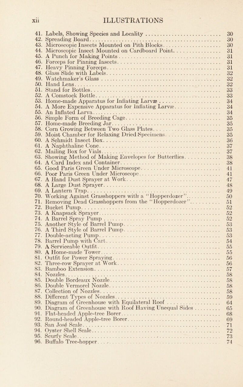 41. Labels, Showing Species and Locality 30 42. Spreading Board 30 43. Microscopic Insects Mounted on Pith Blocks 30 44. Microscopic Insect Mounted on Cardboard Point. 31 45. A Punch for Making Points 31 46. Forceps for Pinning Insects 31 47. Heavy Pinning Forceps 31 48. Glass Slide with Labels 32 49. Watchmaker’s Glass 32 50. Hand Lens 32 51. Stand for Bottles 33 52. A Comstock Bottle 33 53. Home-made Apparatus for Inflating Larvae 34 54. A More Expensive Apparatus for Inflating Larvae. 34 55. An Inflated Larva 34 56. Simple Form of Breeding Cage 35 57. Home-made Breeding Jar 35 58. Corn Growing Between Two Glass Plates 35 59. Moist Chamber for Relaxing Dried Specimens : 35 60. A Schmidt Insect Box 36 61. A Naphthaline Cone 37 62. Mailing Box for Vials 37 63. Showing Method of Making Envelopes for Butterflies 38 64. A Card Index and Container 38 65. Good Paris Green Under Microscope 41 66. Poor Paris Green Under Microscope 41 67. A Hand Dust Sprayer at Work 47 68. A Large Dust Sprayer 48 69. A Lantern Trap 49 70. Working Against Grasshoppers with a “Hopperdozer ” 50 71. Removing Dead Grasshoppers from the “Hopperdozer” 51 72. Bucket Pump * 52 73. A Knapsack Sprayer 52 74. A Barrel Spray Pump 52 75. Another Style of Barrel Pump 53 76. A Third Style of Barrel Pump 53 77. Double-acting Pump 53 78. Barrel Pump with Cart 54 79. A Serviceable Outfit 55 80. A Home-made Tower 55 81. Outfit for Power Spraying 56 82. Three-row Sprayer at Work 56 83. Bamboo Extension 57 84. Nozzles 58 85. Double Bordeaux Nozzle 58 86. Double Vermorel Nozzle 58 87. Collection of Nozzles 58 88. Different Types of Nozzles 59 89. Diagram of Greenhouse with Equilateral Roof 64 90. Diagram of Greenhouse with Roof Having Unequal Sides 65 91. Flat-headed Apple-tree Borer 68 92. Round-headed Apple-tree Borer 69 93. San Jos6 Scale 71 94. Oyster Shell Scale 72 95. Scurfy Scale < 73 96. Buffalo Tree-hopper. . . 74