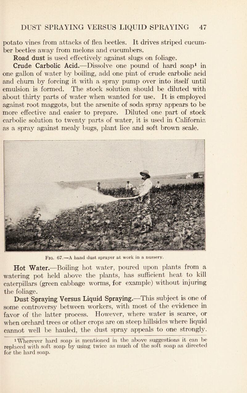 potato vines from attacks of flea beetles. It drives striped cucum- ber beetles away from melons and cucumbers. Road dust is used effectively against slugs on foliage. Crude Carbolic Acid.—Dissolve one pound of hard soap1 in one gallon of water by boiling, add one pint of crude carbolic acid and churn by forcing it with a spray pump over into itself until emulsion is formed. The stock solution should be diluted with about thirty parts of water when wanted for use. It is employed against root maggots, but the arsenite of soda spray appears to be more effective and easier to prepare. Diluted one part of stock carbolic solution to twenty parts of water, it is used in California as a spray against mealy bugs, plant lice and soft brown scale. Hot Water.—Boiling hot water, poured upon plants from a watering pot held above the plants, has sufficient heat to kill caterpillars (green cabbage worms, for example) without injuring the foliage. Dust Spraying Versus Liquid Spraying.—This subject is one of some controversy between workers, with most of the evidence in favor of the latter process. However, where water is scarce, or when orchard trees or other crops are on steep hillsides where liquid cannot well be hauled, the dust spray appeals to one strongly. 1 Wherever hard soap is. mentioned in the above suggestions it can be replaced with soft soap by using twice as much of the soft soap as directed for the hard soap.