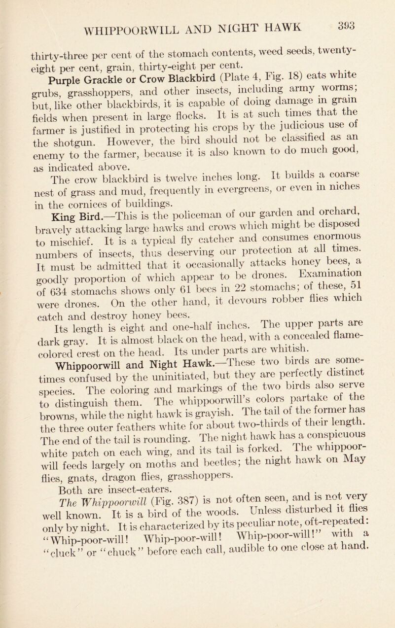 WHIPPOORWILL AND NIGHT HAWK thirty-three per cent of the stomach contents, weed seeds, twenty- eight per cent, grain, thirty-eight per cent. Purple Grackle or Crow Blackbird (Plate 4, Fig. 18) eats white grubs, grasshoppers, and other insects, including army worms, but, like other blackbirds, it is capable of doing damage m gram fields when present in large flocks. It is at such, times t a e farmer is justified in protecting his crops by the judicious use o the shotgun. However, the bird should not be classified as an enemy to the farmer, because it is also known to do much goo , as indicated above. The crow blackbird is twelve inches long. It builds a coarse nest of grass and mud, frequently in evergreens, or even m me es in the cornices of buildings. , , King Bird.—This is the policeman of our garden and orchard, bravely attacking large hawks and crows which might be disposed to mischief. It is a typical fly catcher and consumes enormous numbers of insects, thus deserving our protection at all times. It must be admitted that it occasionally attacks honey bees, a goodly proportion of which appear to be drones. Examination of 634 stomachs shows only 61 bees in 22 stomachs; of these 51 were drones. On the other hand, it devours robber flies which catch and destroy honey bees. Its length is eight and one-half inches. The upper parts are dark gray. It is almost black on the head, with a concealed flame- colored crest on the head. Its under parts are whitish. Whippoorwill and Night Hawk.—These two birds are some- times confused by the uninitiated, but they are perfectly distinct species. The coloring and markings of the two birds also serve to distinguish them. The whippoorwill’s colors partake of the browns, while the night hawk is grayish. The tail of the former has the three outer feathers white for about two-thirds of then leng . The end of the tail is rounding. The night hawk has a conspicuous white patch on each wing, and its tail is forked. 1 le w will feeds largely on moths and beetles; the night hawk on May flies, gnats, dragon flies, grasshoppers. Both are insect-eaters. The Whippoorwill (Fig. 387) is not often seen, and is not very well known. It is a bird of the woods. Unless disturbed it flies only by night. It is characterized by its peculiar note, oft-repeated. “Whip-poor-will! Whip-poor-will! Whip-poor-will!’ with a “cluck” or “chuck” before each call, audible to one close at hand.