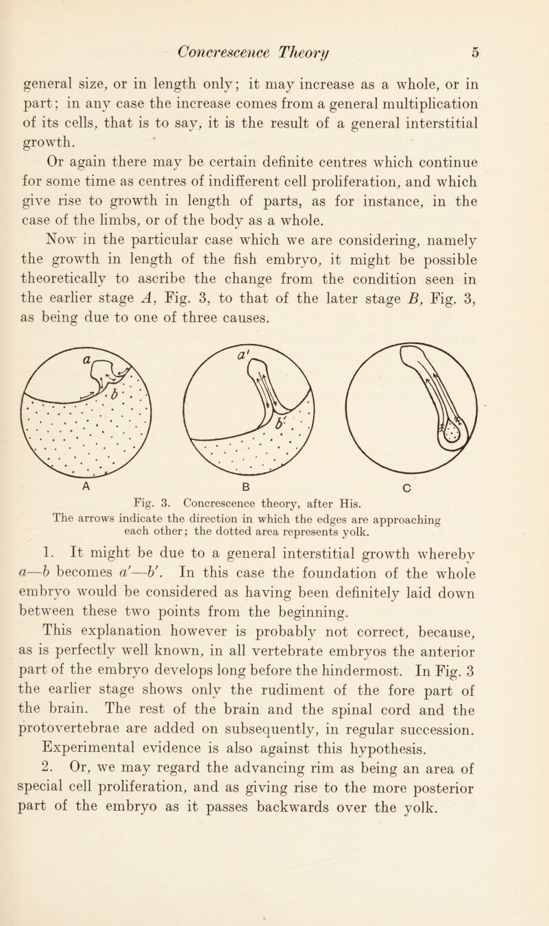 general size, or in length only; it may increase as a whole, or in part; in any case the increase comes from a general multiplication of its cells, that is to say, it is the result of a general interstitial growth. Or again there may be certain definite centres which continue for some time as centres of indifferent cell proliferation, and which give rise to growth in length of parts, as for instance, in the case of the limbs, or of the body as a whole. Now in the particular case which we are considering, namely the growth in length of the fish embryo, it might be possible theoretically to ascribe the change from the condition seen in the earlier stage A, Fig. 3, to that of the later stage B, Fig. 3, as being due to one of three causes. The arrows indicate the direction in which the edges are approaching each other; the dotted area represents yolk. 1. It might be due to a general interstitial growth whereby a—b becomes a'—b'. In this case the foundation of the whole embryo would be considered as having been definitely laid down between these two points from the beginning. This explanation however is probably not correct, because, as is perfectly well known, in all vertebrate embryos the anterior part of the embryo develops long before the hindermost. In Fig. 3 the earlier stage shows only the rudiment of the fore part of the brain. The rest of the brain and the spinal cord and the protovertebrae are added on subsequently, in regular succession. Experimental evidence is also against this hypothesis. 2. Or, we may regard the advancing rim as being an area of special cell proliferation, and as giving rise to the more posterior part of the embryo as it passes backwards over the yolk.